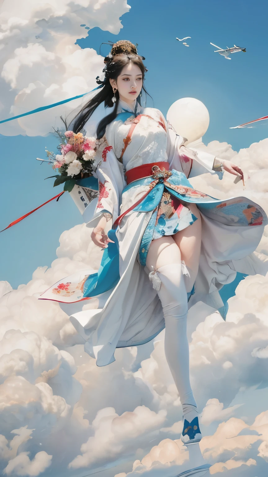 (masterpiece, top quality, best quality, official art, beauty:1.2),(最詳細清晰的contour和五官:2.0,contour:2.0) (1 Chinese goddess:1.5), Very detailed,(Dunhuang艺术:1.1),(Dunhuang,rich and colorful:1.1)(flowers:1.3),most detailed,(Zentangle:1.2), (Dynamic flight attitude,Foot on white clouds,Showing thighs:2.0), (Blue sky and white clouds moon background:1.3), (Chinese embroidered Hanfu:1.2), (shiny skin,camel toe:1.2), (Many colors:1.4), ,(earrings:1.4),
