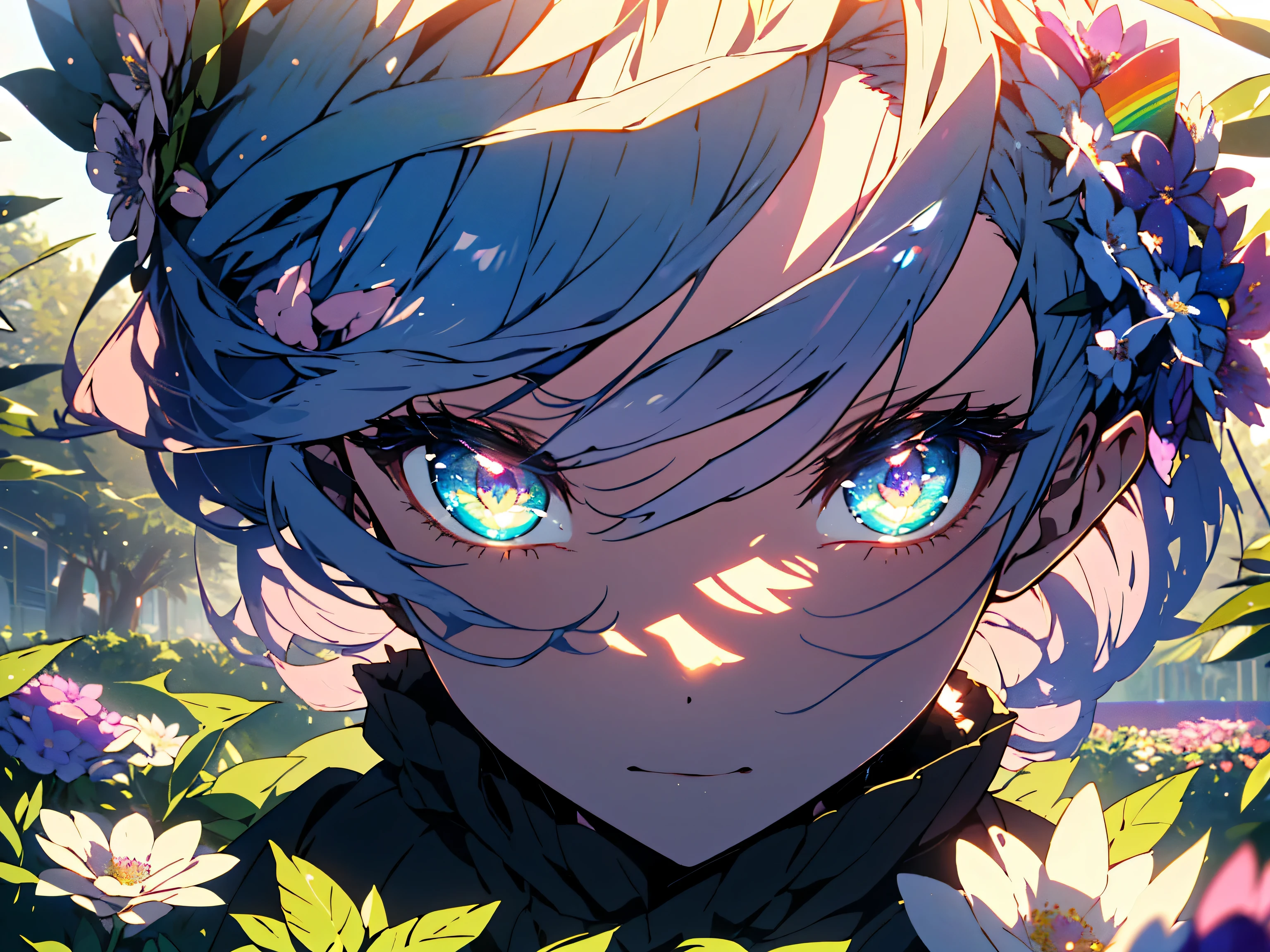 (masterpiece), (highest quality), (Super detailed),(shining eyes、detailed beautiful face),(beautiful hair),(shape、shape), (1 girl), (ruffle dress)、There is an antique music box、(whole body)、Being in the shade of a tree、((vast flower garden、Many rainbow-colored flowers are blooming))、8K、clear blue sky、dynamic angle、(beautiful anime)