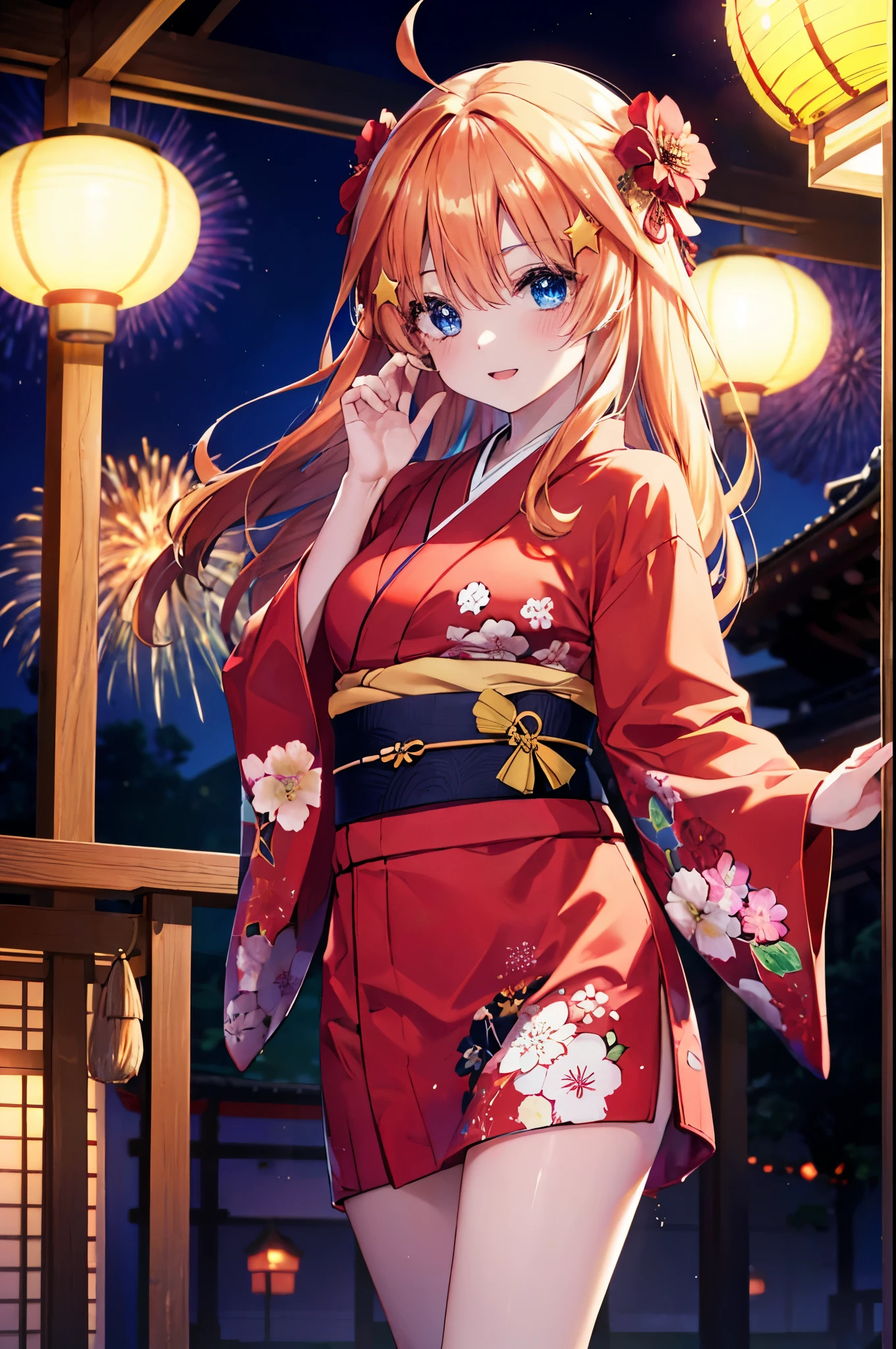 itsukinakano, itsuki nakano, bangs, blue eyes, hair between eyes, Ahoge, redhead, star \(symbol\), hair ornaments, star hair ornaments,Akabu's glasses,smile,blush,happy atmosphere,open your mouth,long hair,tie your hair back,red gorgeous kimono,night空の花火,fireworks,Zori sandals,japanese festival,summer festival stalls,red lantern,night,So that the whole body is included in the illustration, night
break outdoors, shrine,
break (masterpiece:1.2), highest quality, High resolution, unity 8k wallpaper, (shape:0.8), (fine and beautiful eyes:1.6), highly detailed face, perfect lighting, Very detailed CG, (perfect hands, perfect anatomy),