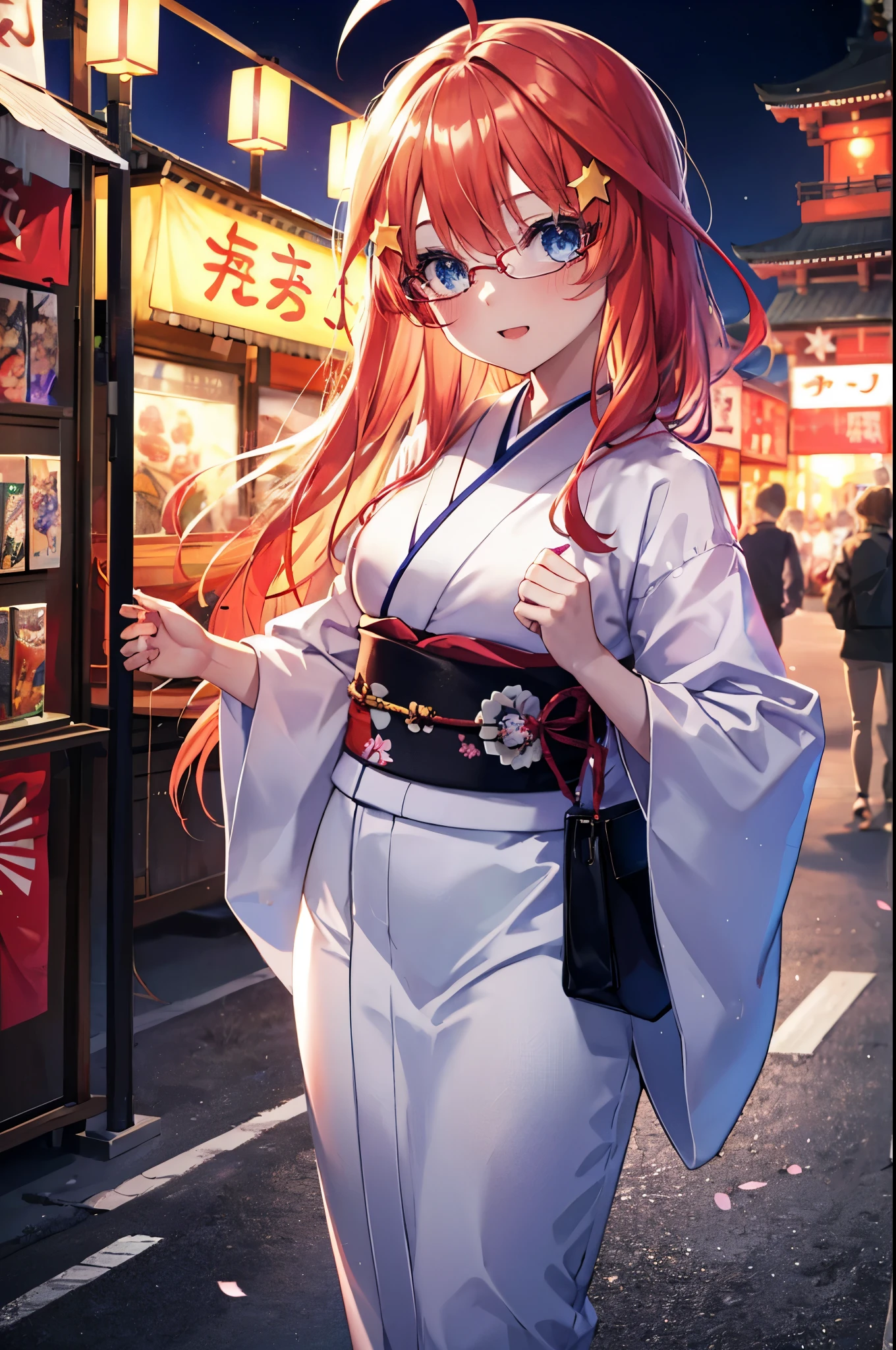 itsukinakano, itsuki nakano, bangs, blue eyes, hair between eyes, Ahoge, redhead, star \(symbol\), hair ornaments, star hair ornaments,Akabu&#39;s glasses,smile,blush,happy atmosphere,open your mouth,long hair,tie your hair back,red gorgeous kimono,night空の花火,fireworks,Zori sandals,japanese festival,summer festival stalls,red lantern,night,So that the whole body is included in the illustration, night
break outdoors, shrine,
break (masterpiece:1.2), highest quality, High resolution, unity 8k wallpaper, (shape:0.8), (fine and beautiful eyes:1.6), highly detailed face, perfect lighting, Very detailed CG, (perfect hands, perfect anatomy),