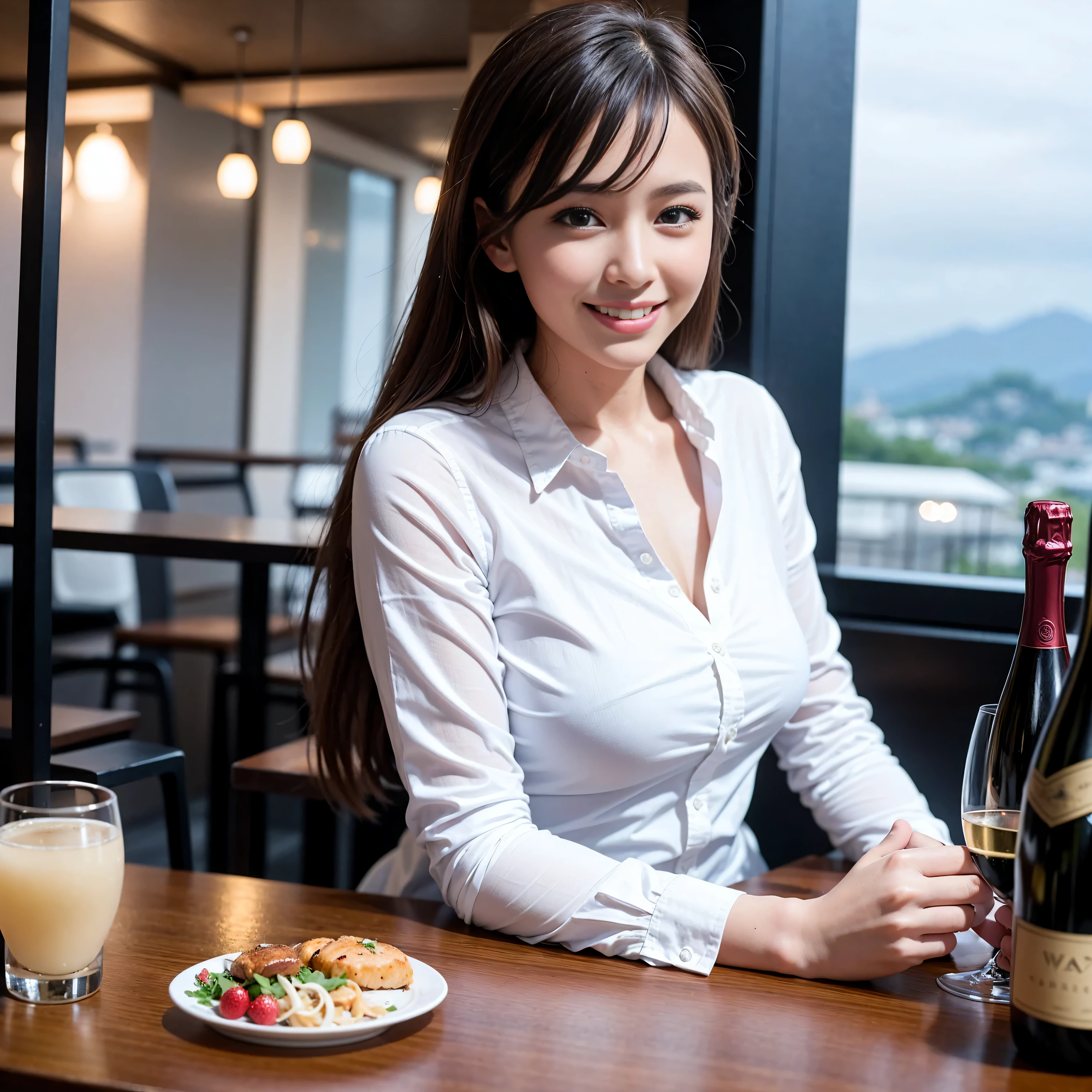 K, Hmm, highest quality, masterpiece: 1.2), (realistic, photorealistic: 1.37), Spectacular view of the sunset sky and clouds、Amazing mountain views、美しいsmile、3 slim beauties, (slim face),Happy、 the best smile、Fox face、Berry Short、(because I'thin), (brown hair), (shortcut), long sleeve shirt、winter fashion、Colombian、Brazilian、Japanese、Dutch、German、Portuguese、Belgian、Italian、French,Champagne、sparkling wine、 (squirt), (slim body), (brown hair), (shortcut), neat beauty、cheeks turn a little red, (45 years old), 38 years old, alone, A beautiful and detailed night view spreads out outside the window....., restaurant, wine glass is sitting, At night, in a prominent place (from the Upper body) nova frog style, actress, model, Upper body, White wine, slim, wine glass, Very beautiful night view, wine glass Put in the Middle, Happy smile, (smile: 1.15),