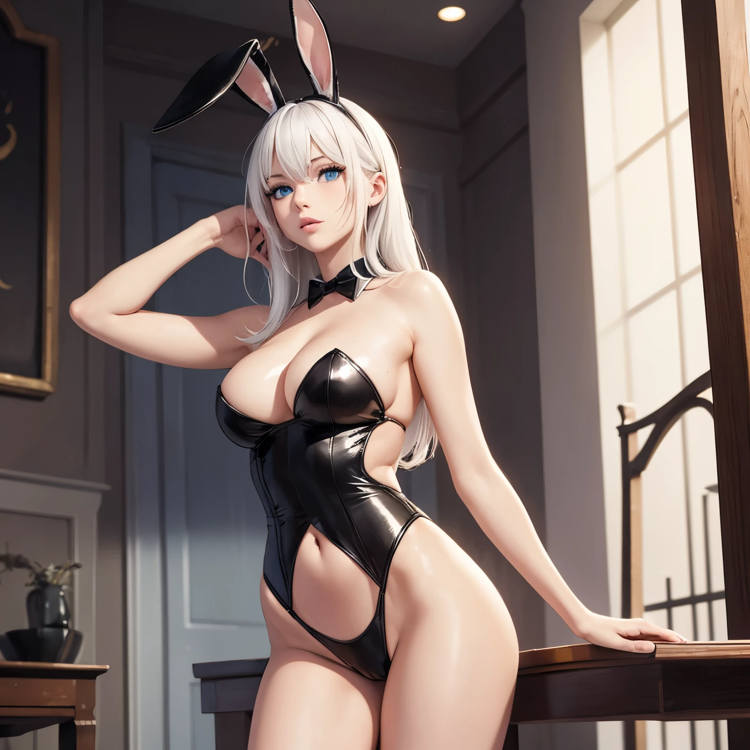 masterpiece, white hair, blue eyes, expressive eyes, beautiful woman, playboy bunny costume, long hair, bunny tail, thin waist, small hip, thin legs,