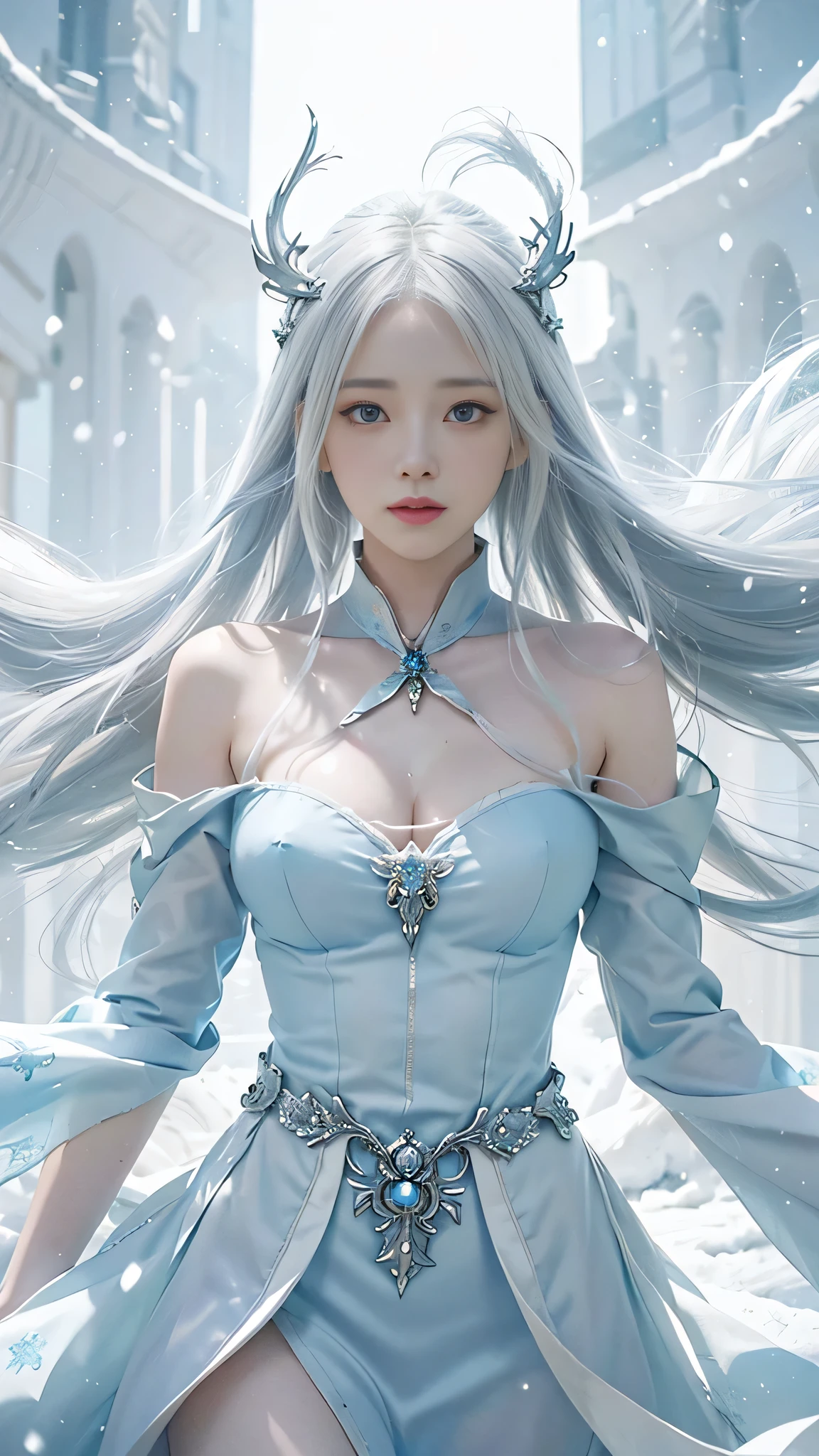 anime girl with long white hair and a blue dress in the snow, white haired deity, white hair floating in air, anime fantasy illustration, flowing white hair, beautiful young wind spirit, beautiful fantasy anime, glowing flowing hair, ethereal anime, beautiful anime artwork, beautiful digital artwork, anime fantasy artwork, ((a beautiful fantasy empress)), 2. 5 d cgi anime fantasy artwork