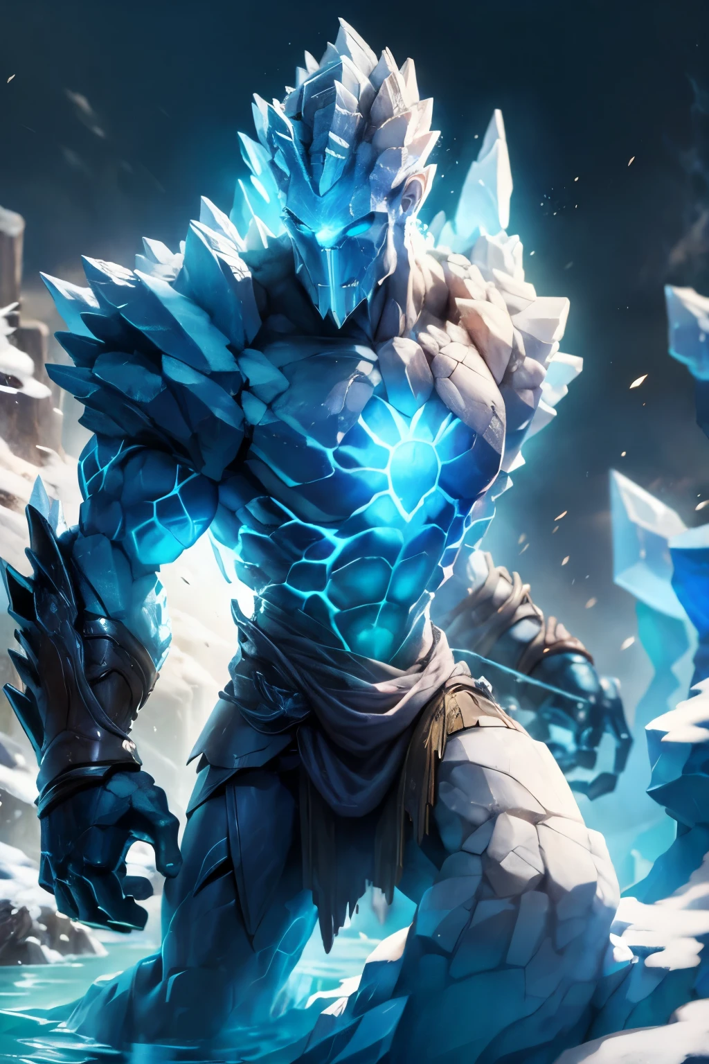 The stone guardian (torso made of stone), claws made of ice, head shrouded in flames, vortexes of air form the legs