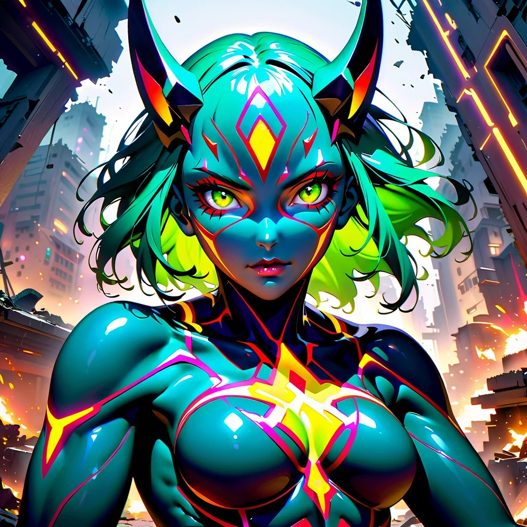 Stunning cinematic sci-fi portraits,Depicts a non-human character wearing a demonic mask, Covered in vibrant green chrome metallic skin, Internal glow reveals data indicators, Eyes emit colorful light,Has a multifaceted appearance, Arms wrapped in metal, Located among the ruins of a destroyed building, Exudes an extremely vicious smell, Meticulous rendering of details, Achieve National Geographic award-winning image quality