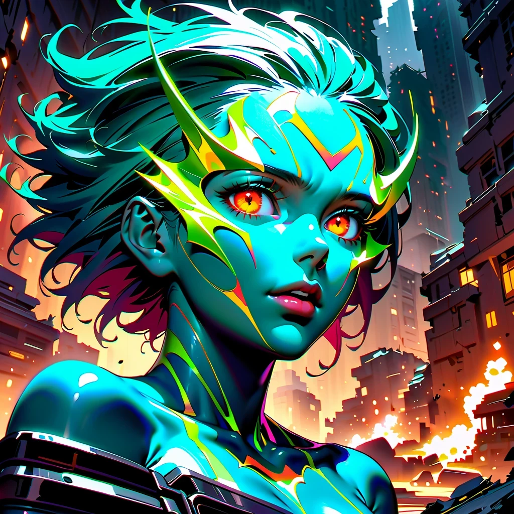 Stunning cinematic sci-fi portraits，Depicts a non-human character wearing a demonic mask, Covered in vibrant green chrome metallic skin, Internal glow reveals data indicators, Eyes emit colorful light，Has a multifaceted appearance, Arms wrapped in metal, Located among the ruins of a destroyed building, Exudes an extremely vicious smell, Meticulous rendering of details, Achieve National Geographic award-winning image quality