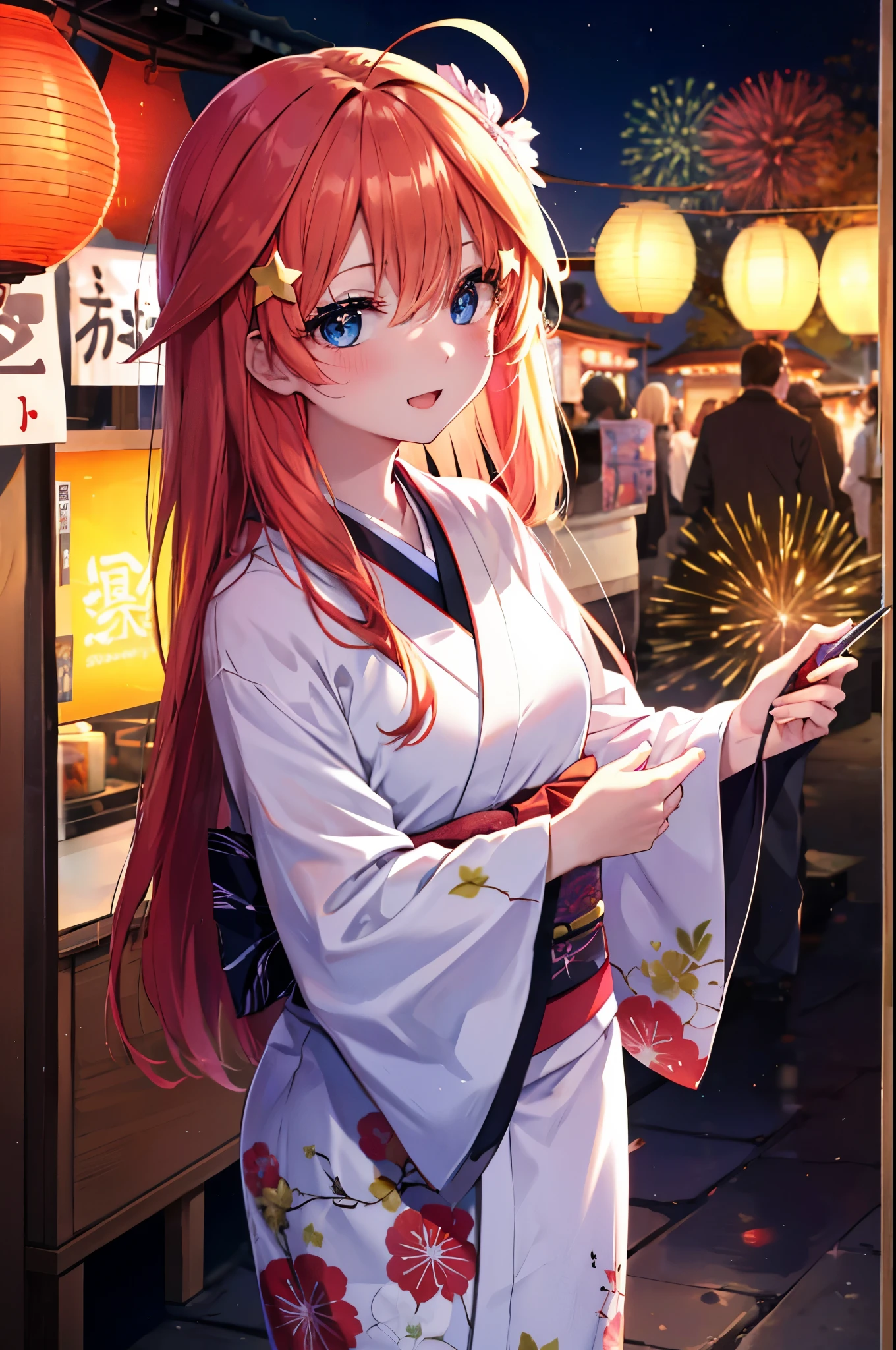 itsukinakano, itsuki nakano, bangs, blue eyes, hair between eyes, Ahoge, redhead, star \(symbol\), hair ornaments, star hair ornaments,Akabu's glasses,smile,blush,happy atmosphere,open your mouth,long hair,tie your hair back,red gorgeous kimono,night空の花火,fireworks,Zori sandals,japanese festival,summer festival stalls,red lantern,night,So that the whole body is included in the illustration, night
break outdoors, shrine,
break (masterpiece:1.2), highest quality, High resolution, unity 8k wallpaper, (shape:0.8), (fine and beautiful eyes:1.6), highly detailed face, perfect lighting, Very detailed CG, (perfect hands, perfect anatomy),