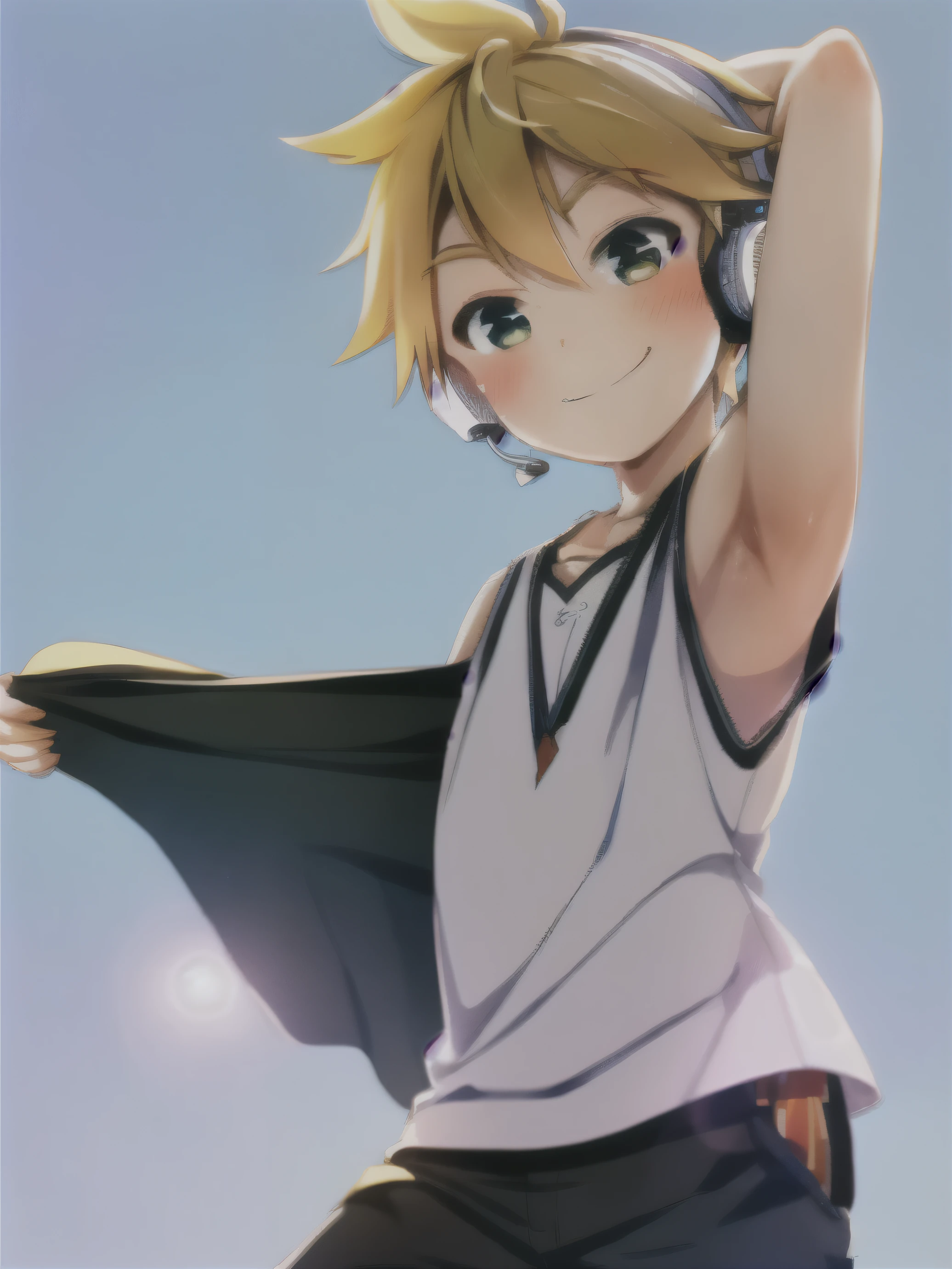 (masterpiece, best quality, ultra precision, (one boy), Young boy, Shota, Kagamine len, Blonde hair, Cowlick, character focus, black short pants, Tank top, innocent, slender, blush, cute, cool, smile a little, happy, Headphones, handsome, high school student, male model, attractive boy, (Showing armpit:1.3), Simple beckground