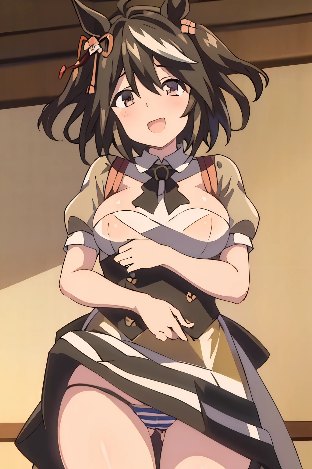 ((masterpiece,highest quality)), confused, Kitasan_black_Umamusume, animal ears, ,Horse tail, short hair, striped hair, hair ornaments, medium breasts, horse tail, wearing a maid outfit, alone, smile with open mouth, looking at the viewer, cowboy shot,skirt lift,(fully exposed panties),butt