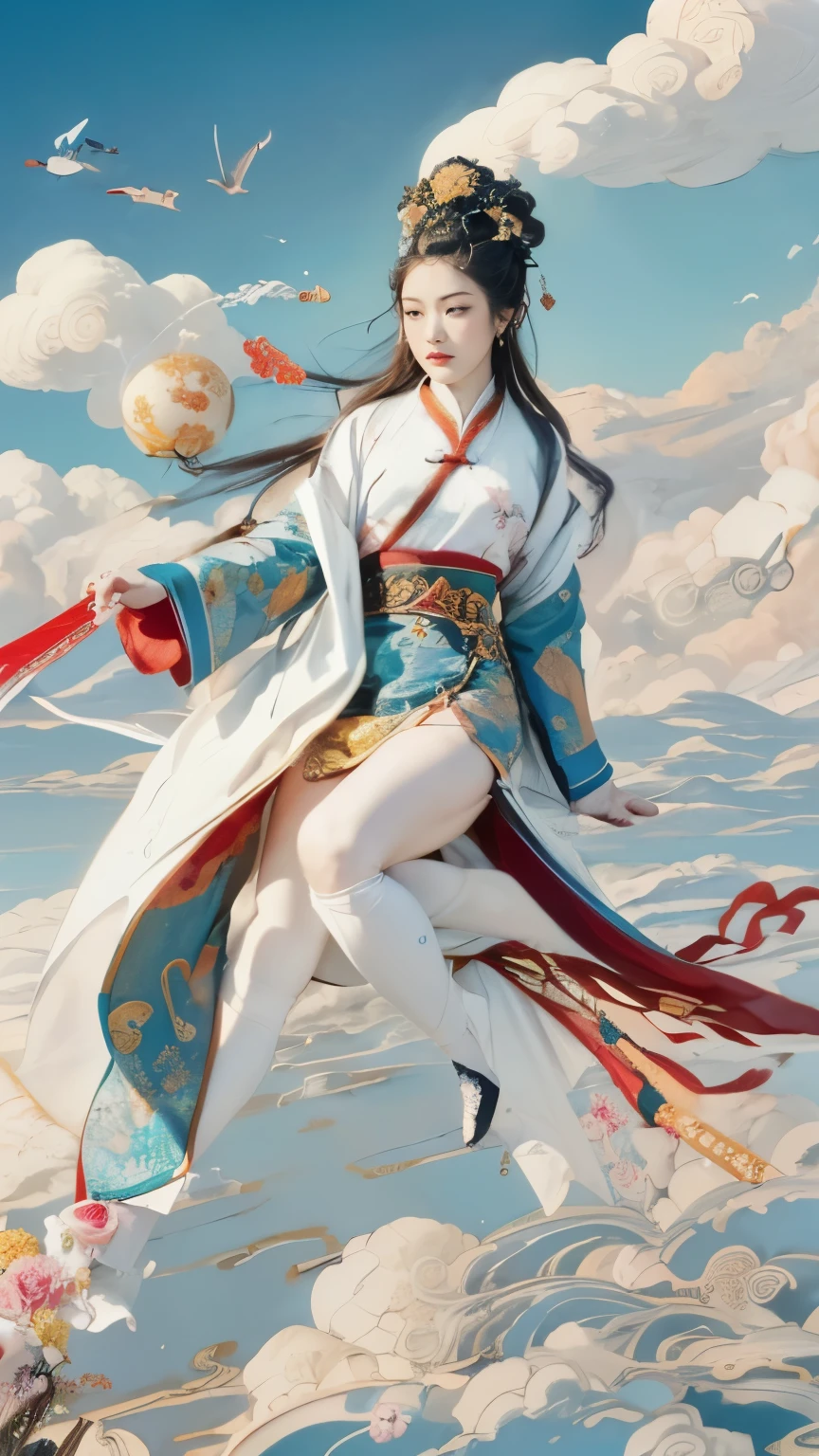 (masterpiece, top quality, best quality, official art, beauty:1.2),(最詳細清晰的contour和五官:2.0,contour:2.0) (1 Chinese goddess:1.5), Very detailed,(Dunhuang艺术:1.1),(Dunhuang,rich and colorful:1.1)(flowers:1.3),most detailed,(Zentangle:1.2), (Dynamic flight attitude,Foot on white clouds,Showing thighs:2.0), (Blue sky and white clouds moon background:1.3), (Chinese embroidered Hanfu:1.2), (shiny skin,camel toe:1.2), (Many colors:1.4), ,(earrings:1.4),