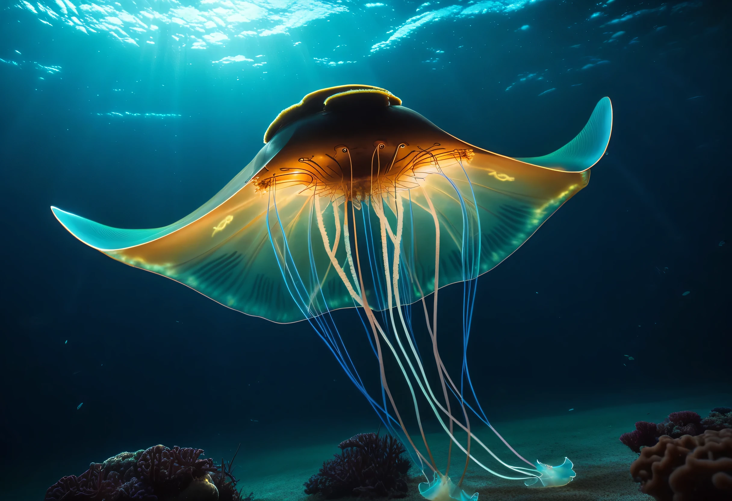 Photo of (a glowing bioluminescent jellyfish:0.5)
Photo of (a string ray:0.6), cinematic, movie still, dramatic lighting, keylighting