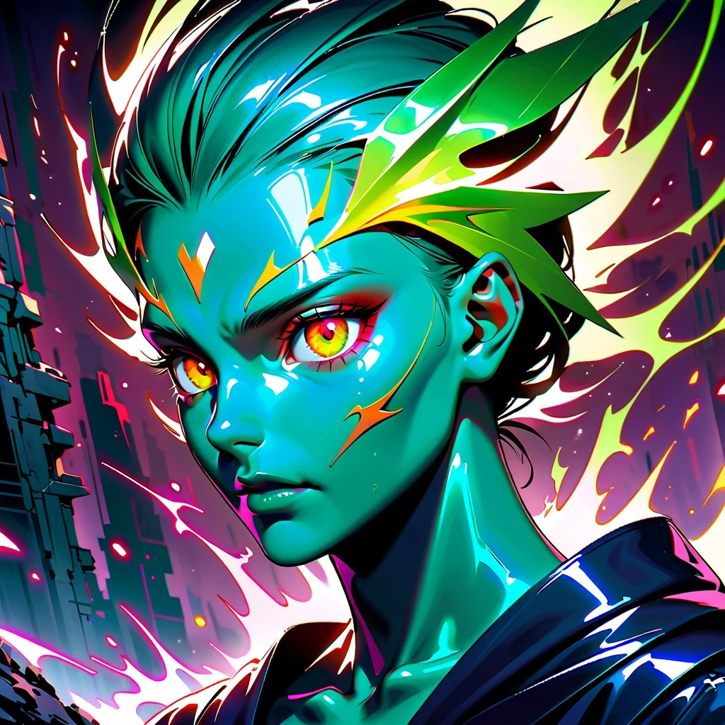 Stunning cinematic sci-fi portraits,Depicts a non-human character wearing a demonic mask, Covered in vibrant green chrome metallic skin, Internal glow reveals data indicators, Eyes emit colorful light,Has a multifaceted appearance, Arms wrapped in metal, Located among the ruins of a destroyed building, Exudes an extremely vicious smell, Meticulous rendering of details, Achieve National Geographic award-winning image quality