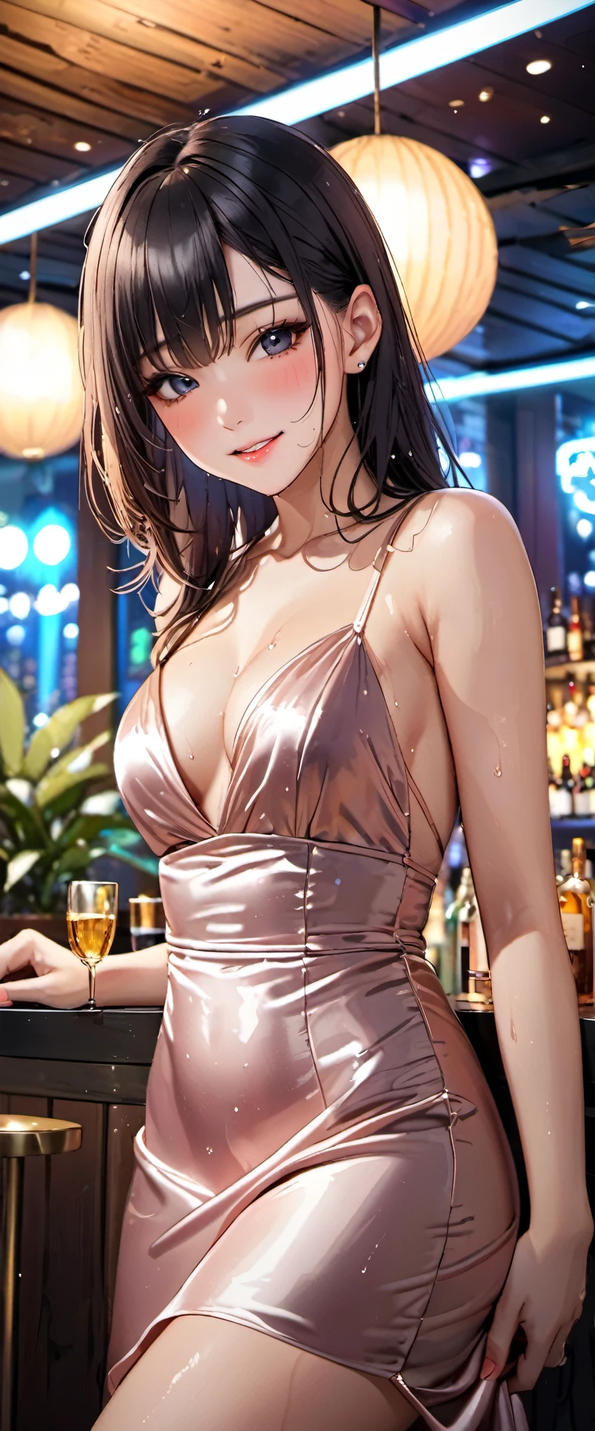 woman,20-year-old,,party venue,(((sexy silk dresses))),,closed mouth smile,((black hair)),blush,(wet with sweat)