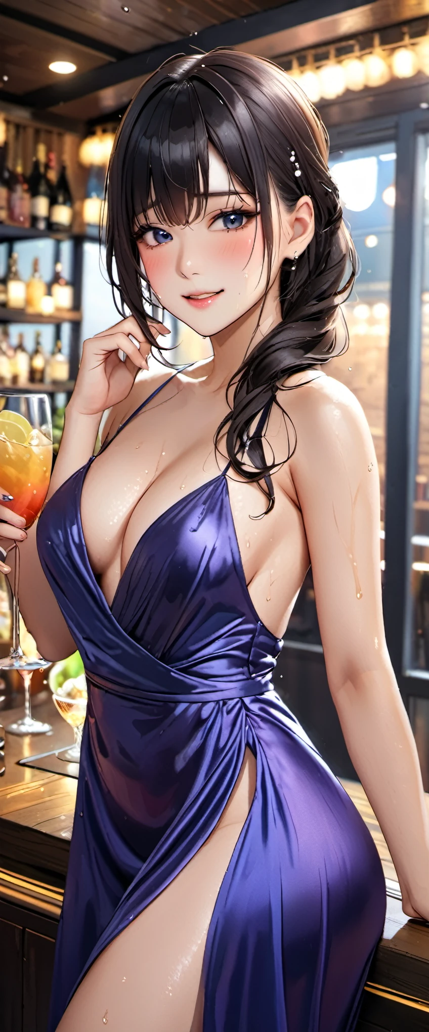 woman,20-year-old,,party venue,(((sexy silk dresses))),,closed mouth smile,((black hair)),blush,(wet with sweat)