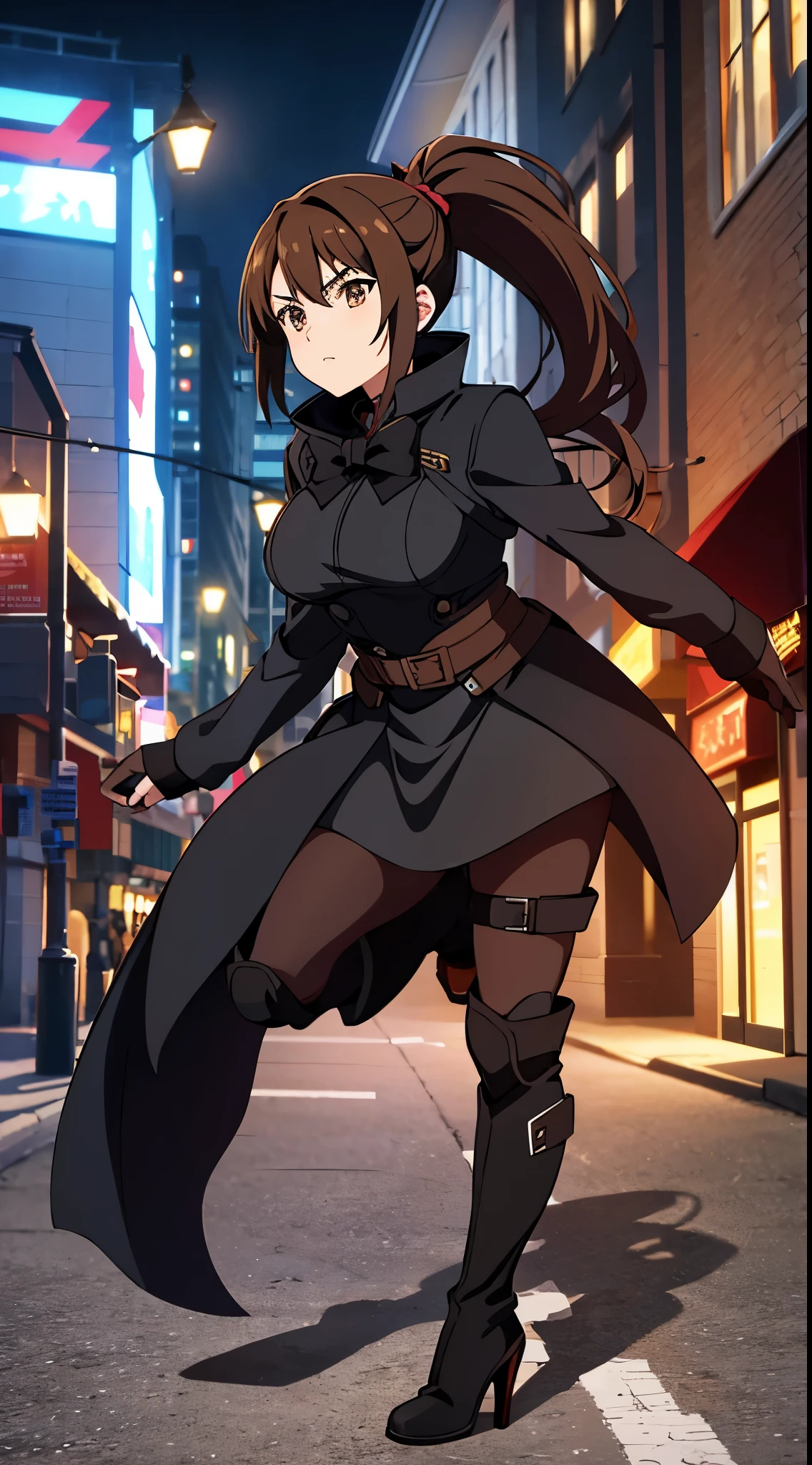 Anime woman with brown hair wearing black armor, a black coat, black skirt , ponytail, bow and high heel boots, assasin on a street at night