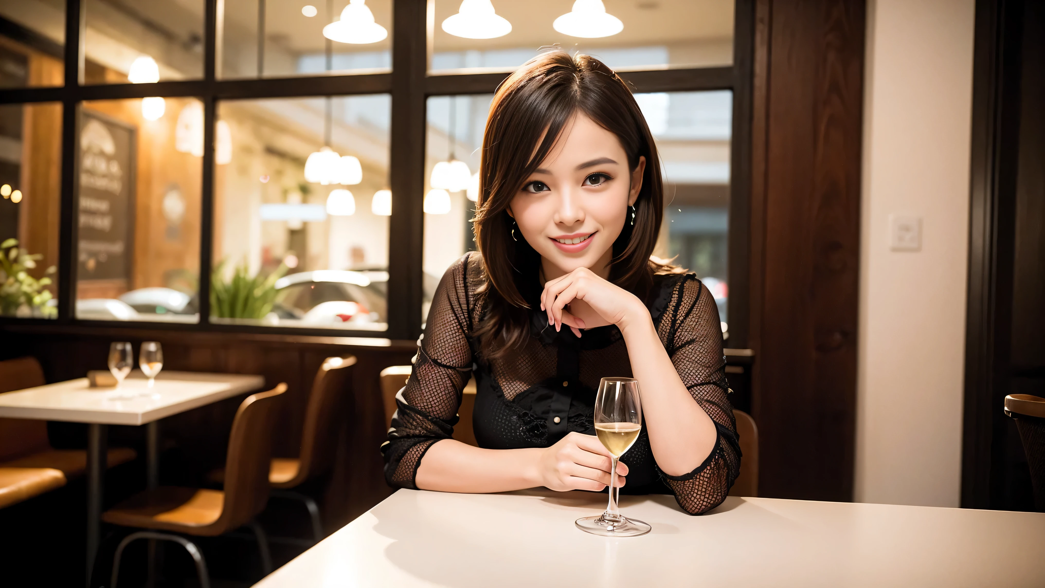 K, Hmm, highest quality, masterpiece: 1.2), (realistic, photorealistic: 1.37), Super detailed, 3 slim beauties, (slim face),Happy、 the best smile、Fox face、Berry Short、(because I'thin), (brown hair), (shortcut), long sleeve shirt、winter fashion、Colombian、Brazilian、Japanese、Dutch、German、Portuguese、Belgian、Italian、French,Champagne、sparkling wine、 (squirt), (slim body), (brown hair), (shortcut), neat beauty、cheeks turn a little red, (35 years old), 38 years old, alone, A beautiful and detailed night view spreads out outside the window....., restaurant, wine glass is sitting, At night, in a prominent place (from the Upper body) nova frog style, actress, model, Upper body, White wine, slim, wine glass, Very beautiful night view, wine glass Put in the Middle, Happy smile, (smile: 1.15),