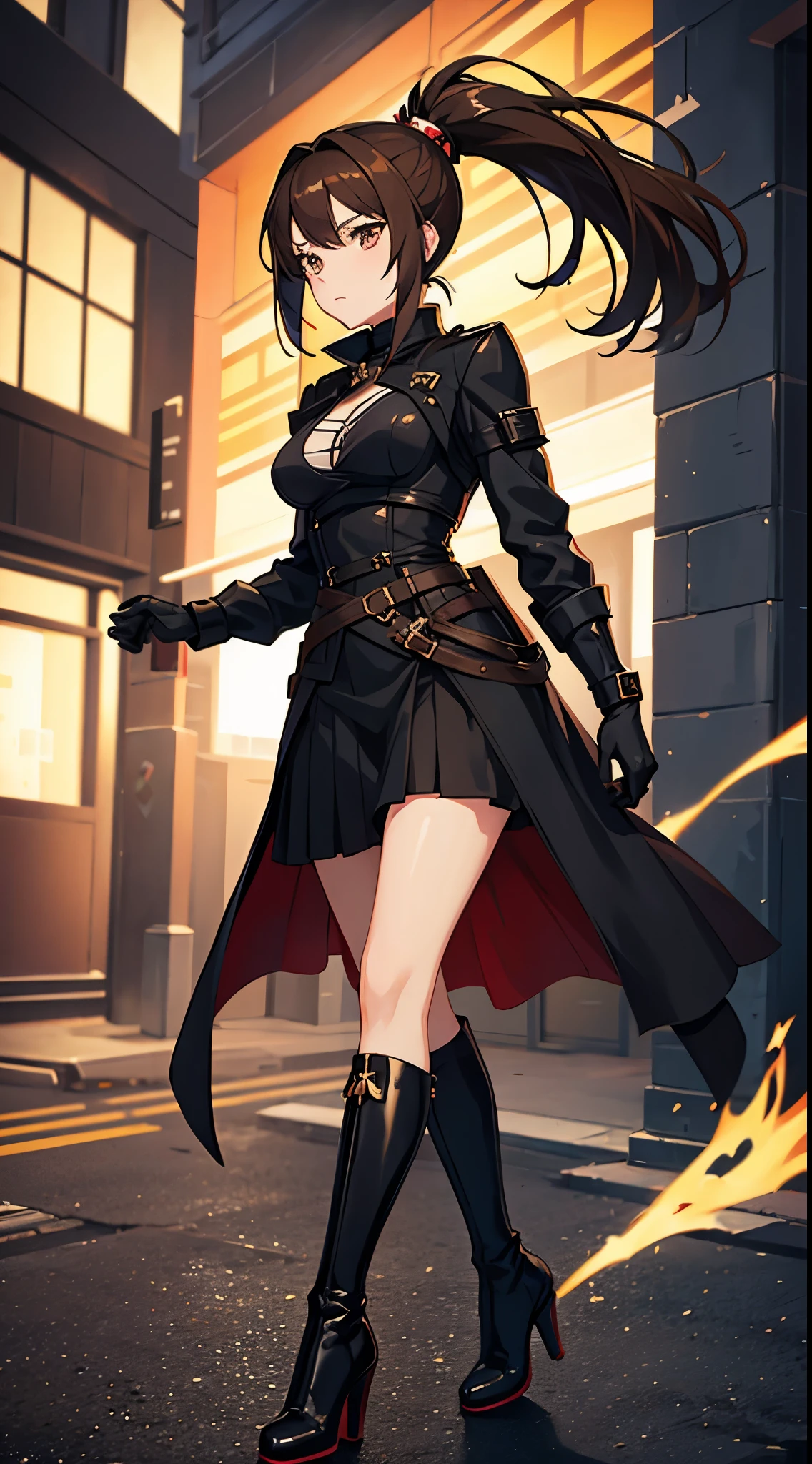 Anime woman with brown hair wearing black armor, a black coat, black skirt , ponytail, bow and high heel boots, assasin on a street at night