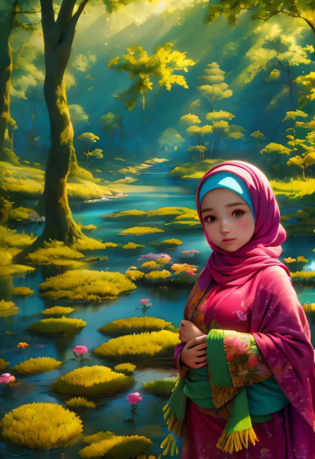 Girl wearing hijab in a forest with floating flowers, river, undulating, undulating cheeks, cute,
bright colors, colorful art style, 
soft lighting, soft shadow, fine texture, dynamic lighting,  
nice hands, perfect hands, 
