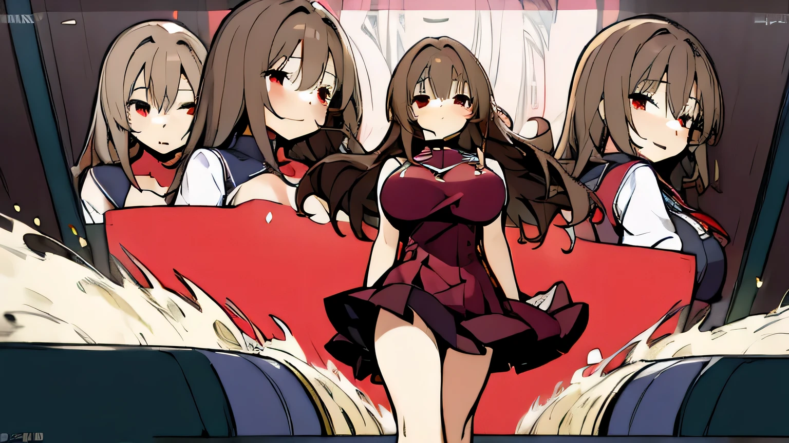(masterpiece:1.3), 1 girl, solo, best quality, high quality, karory, brown hair, long hair, one side up, large_breasts, , red eyes, walking, arms behind back, smile.