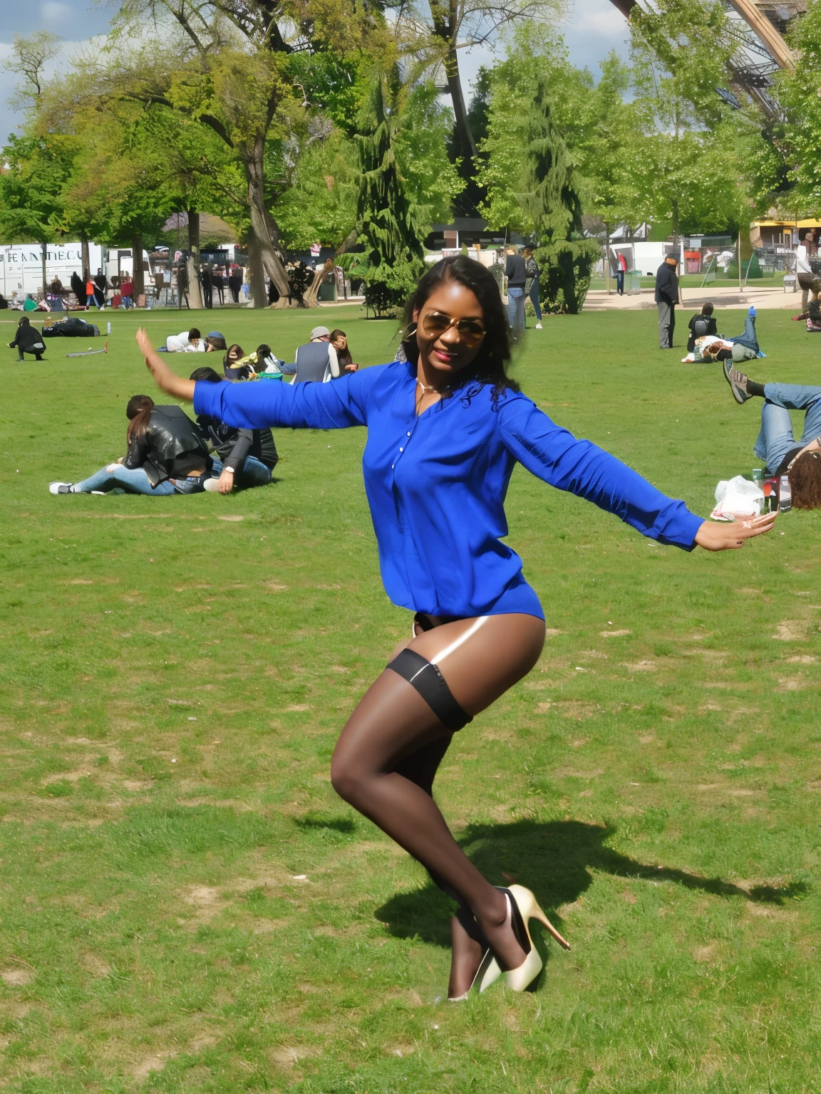 1girl black skin, sunny, flexes the legs, (naked pussy), (stockings), high heels shoes, best quality, photorealistic, masterpiece, 8k
