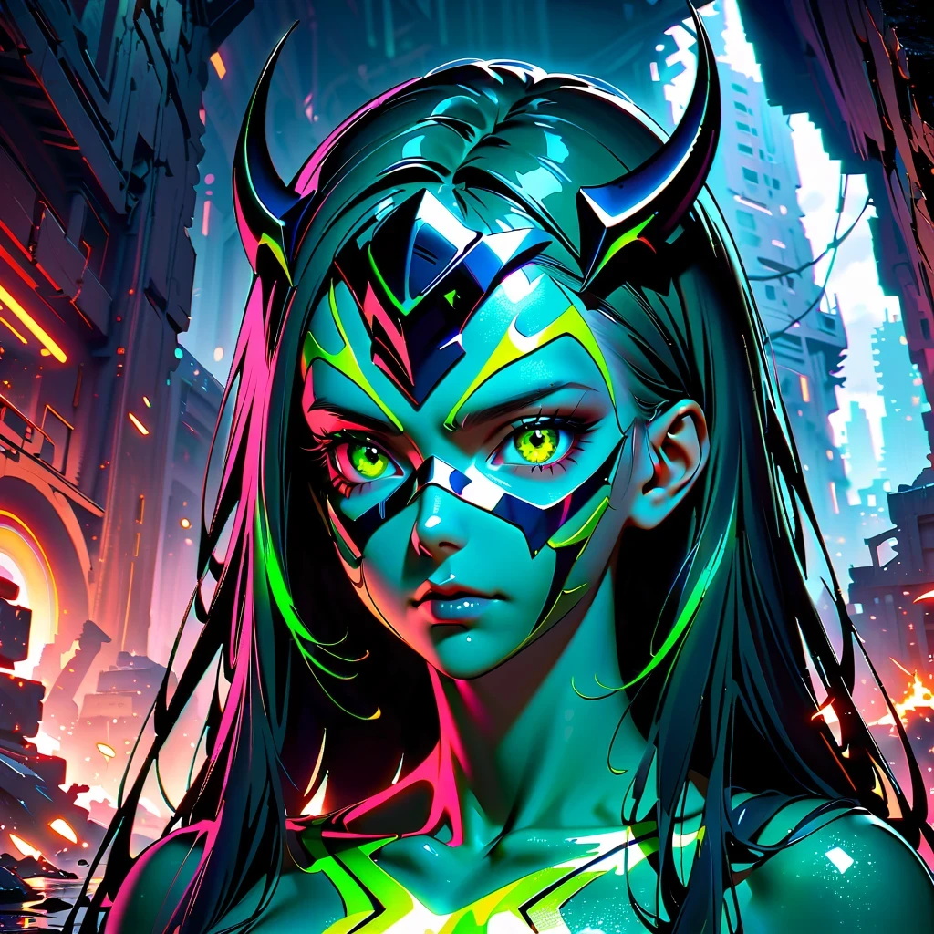 Stunning cinematic sci-fi portraits，Depicts a non-human character wearing a demonic mask, Covered in vibrant green chrome metallic skin, Internal glow reveals data indicators, Eyes emit colorful light，Has a multifaceted appearance, Arms wrapped in metal, Located among the ruins of a destroyed building, Exudes an extremely vicious smell, Meticulous rendering of details, Achieve National Geographic award-winning image quality