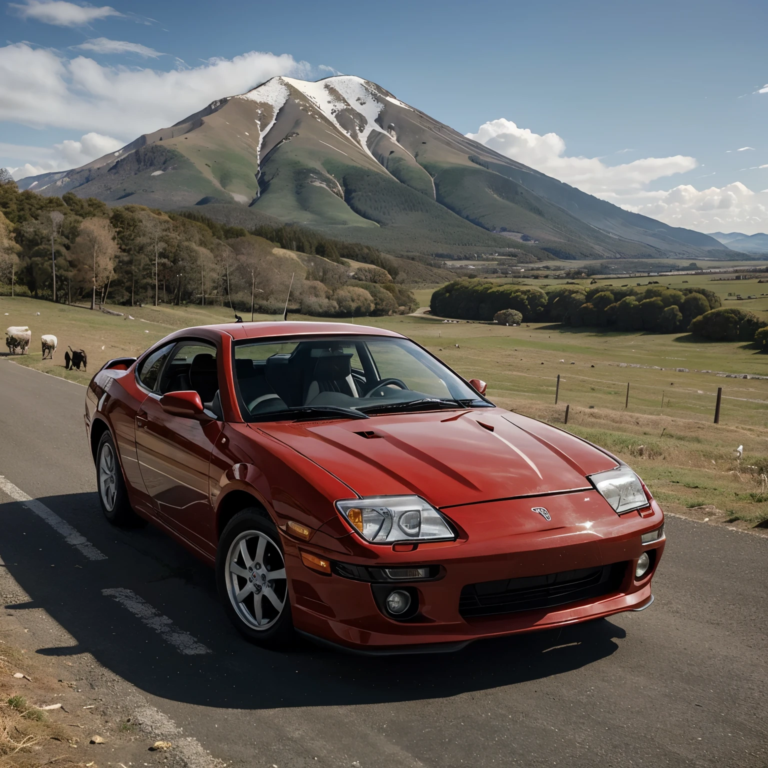 ((best quality)), ((masterpiece)), (detailed), red toyota Celica 2000 in the mountain and surrounded by plenty of sheep. Put a Man sitting on top of the car.