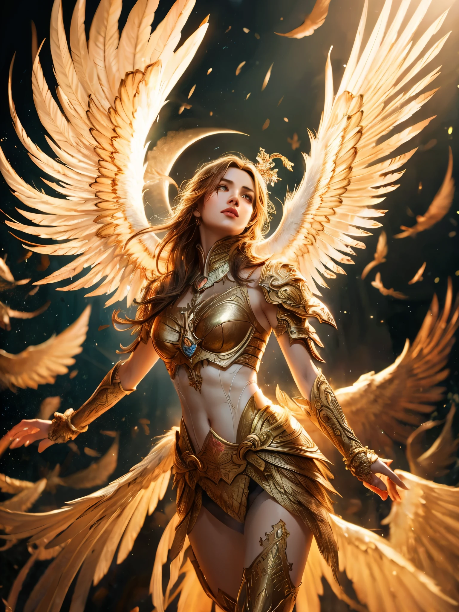 ((highest quality)),(ultra high resolution),(Super detailed),(detailed description),((best CG)),(best work of art),super precision art,amazing drawing art,(Art with precise details:1.5), big wings that wrap her around,powerful flapping of wings,Dancing, shining feathers