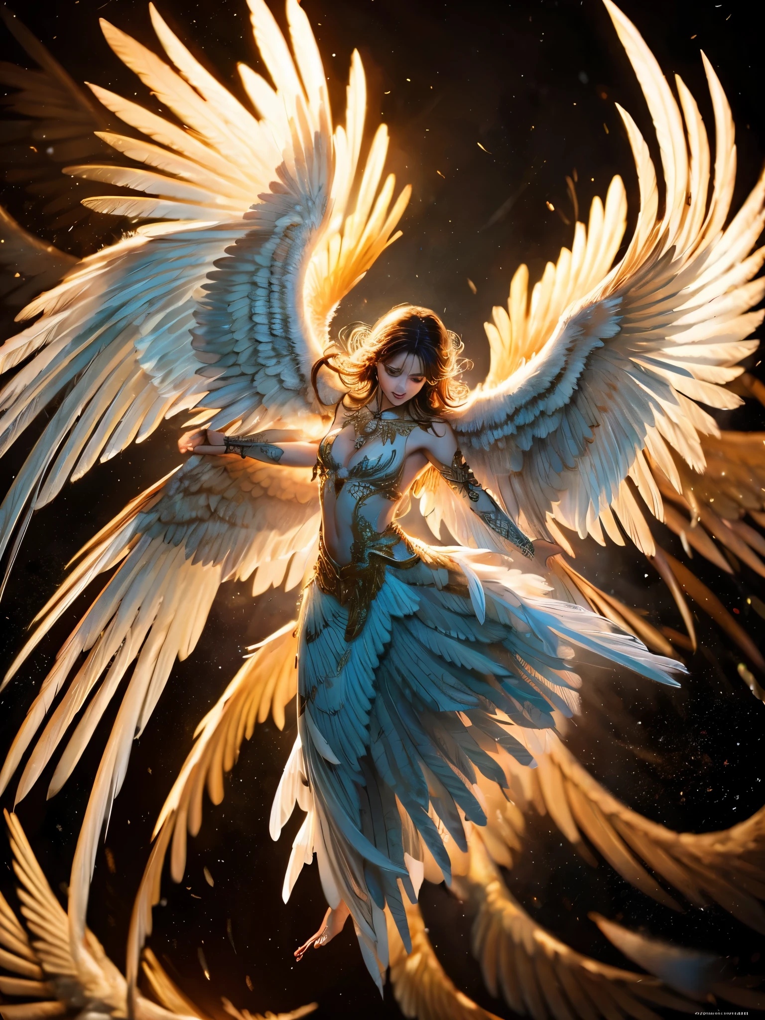 ((highest quality)),(ultra high resolution),(Super detailed),(detailed description),((best CG)),(best work of art),super precision art,amazing drawing art,(Art with precise details:1.5), big wings that wrap her around,powerful flapping of wings,Dancing, shining feathers