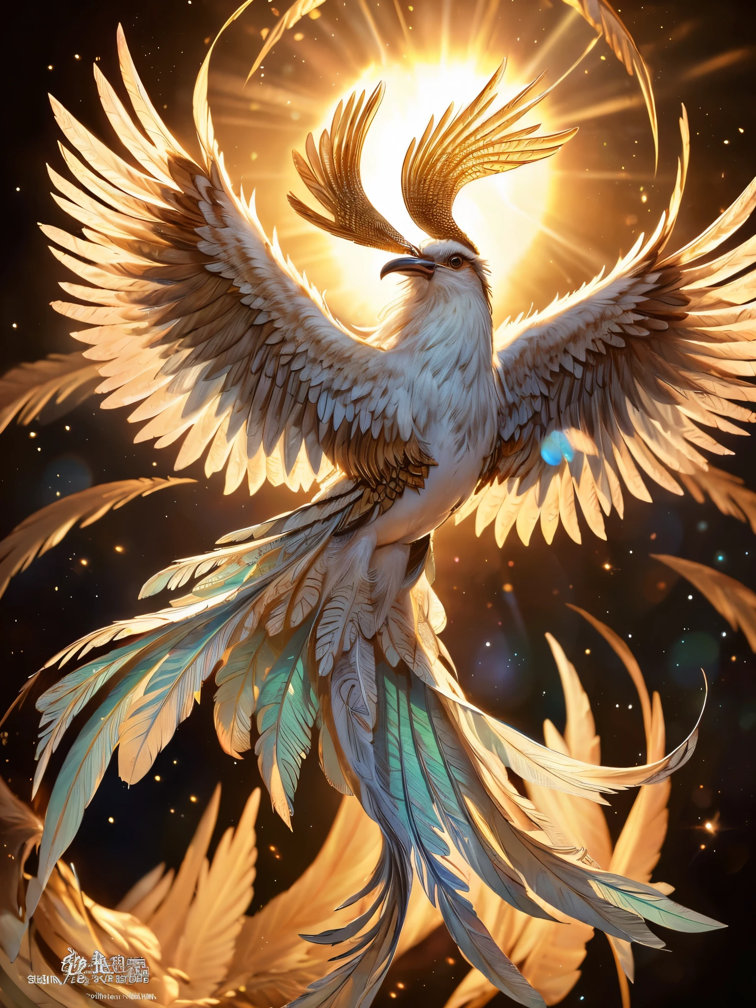 ((highest quality)),(ultra high resolution),(Super detailed),(detailed description),((best CG)),(best work of art),super precision art,amazing drawing art,(Art with precise details:1.5), big wings that wrap her around,powerful flapping of wings,Dancing, shining feathers, peace,shining sun,bless