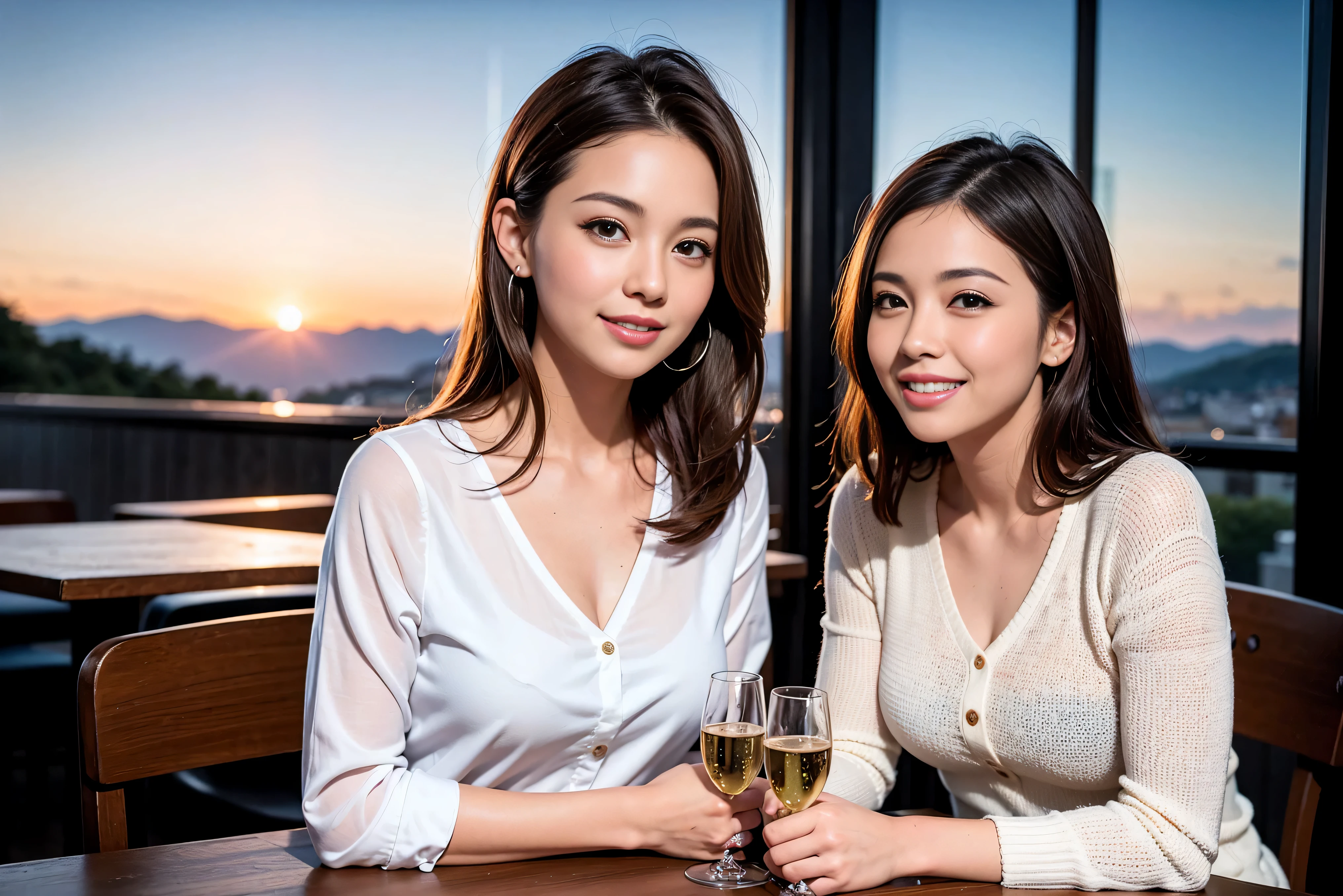 K, Hmm, highest quality, masterpiece: 1.2), (realistic, photorealistic: 1.37), Spectacular view of the sunset sky and clouds、Amazing mountain views、美しいsmile、3 slim beauties, (slim face),Happy、 the best smile、Fox face、Berry Short、(because I&#39;thin), (brown hair), (shortcut), long sleeve shirt、winter fashion、Colombian、Brazilian、Japanese、Dutch、German、Portuguese、Belgian、Italian、French,Champagne、sparkling wine、 (squirt), (slim body), (brown hair), (shortcut), neat beauty、cheeks turn a little red, (40 years old), 38 years old, alone, A beautiful and detailed night view spreads out outside the window....., restaurant, wine glass is sitting, At night, in a prominent place (from the Upper body) nova frog style, actress, model, Upper body, White wine, slim, wine glass, Very beautiful night view, wine glass Put in the Middle, Happy smile, (smile: 1.15), 