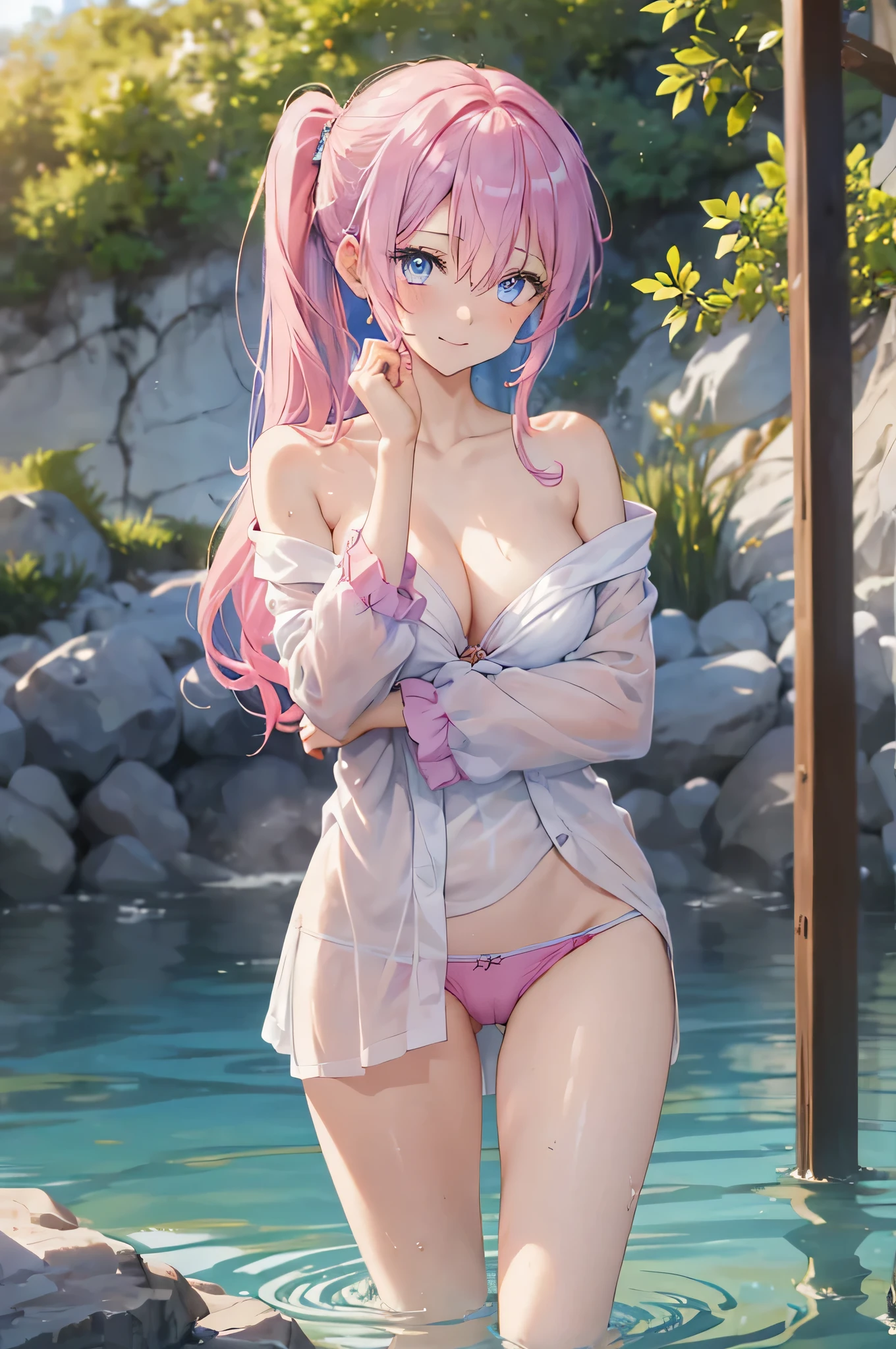 Miyakoshiki Shikimori, Shikimori Miyako, long hair, blue eyes, hair between eyes, pink hair, break long sleeves, side ponytail, micro bikini、string bikini、swimsuit、Ocean、Take a break to watch the audience, break indoors, classroom, break (masterpiece:1.2), highest quality, High resolution, unity 8k wallpaper, (shape:0.8), (fine and beautiful eyes:1.6), highly detailed face, perfect lighting, Very detailed CG, (perfect hands, perfect anatomy)、shy smile、closed mouth、(Hot spring large bath:1.2)、(vapor:1.2)、(Blur the background to make the woman stand out:1.3)、(background flowers)、(sunlight shines in)、Covering, towel, holding towel, towel censored, put your hand on your chest, bare shoulders, clavicle