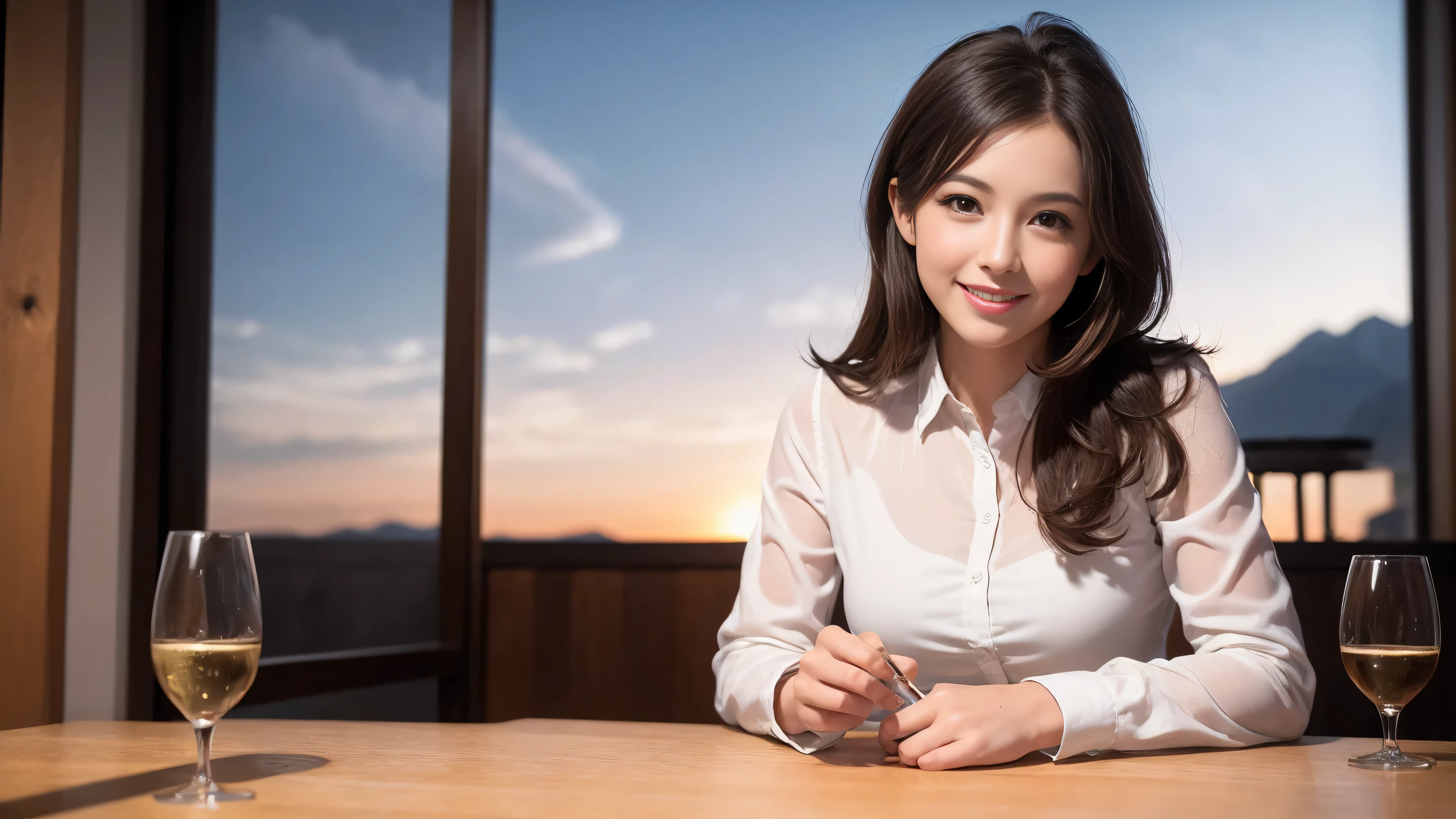 K, Hmm, highest quality, masterpiece: 1.2), (realistic, photorealistic: 1.37), Spectacular view of the sunset sky and clouds、Amazing mountain views、美しいsmile、3 slim beauties, (slim face),Happy、 the best smile、Fox face、Berry Short、(because I'thin), (brown hair), (shortcut), long sleeve shirt、winter fashion、Colombian、Brazilian、Japanese、Dutch、German、Portuguese、Belgian、Italian、French,Champagne、sparkling wine、 (squirt), (slim body), (brown hair), (shortcut), neat beauty、cheeks turn a little red, (42 years old), 38 years old, alone, A beautiful and detailed night view spreads out outside the window....., restaurant, wine glass is sitting, At night, in a prominent place (from the Upper body) nova frog style, actress, model, Upper body, White wine, slim, wine glass, Very beautiful night view, wine glass Put in the Middle, Happy smile, (smile: 1.15),