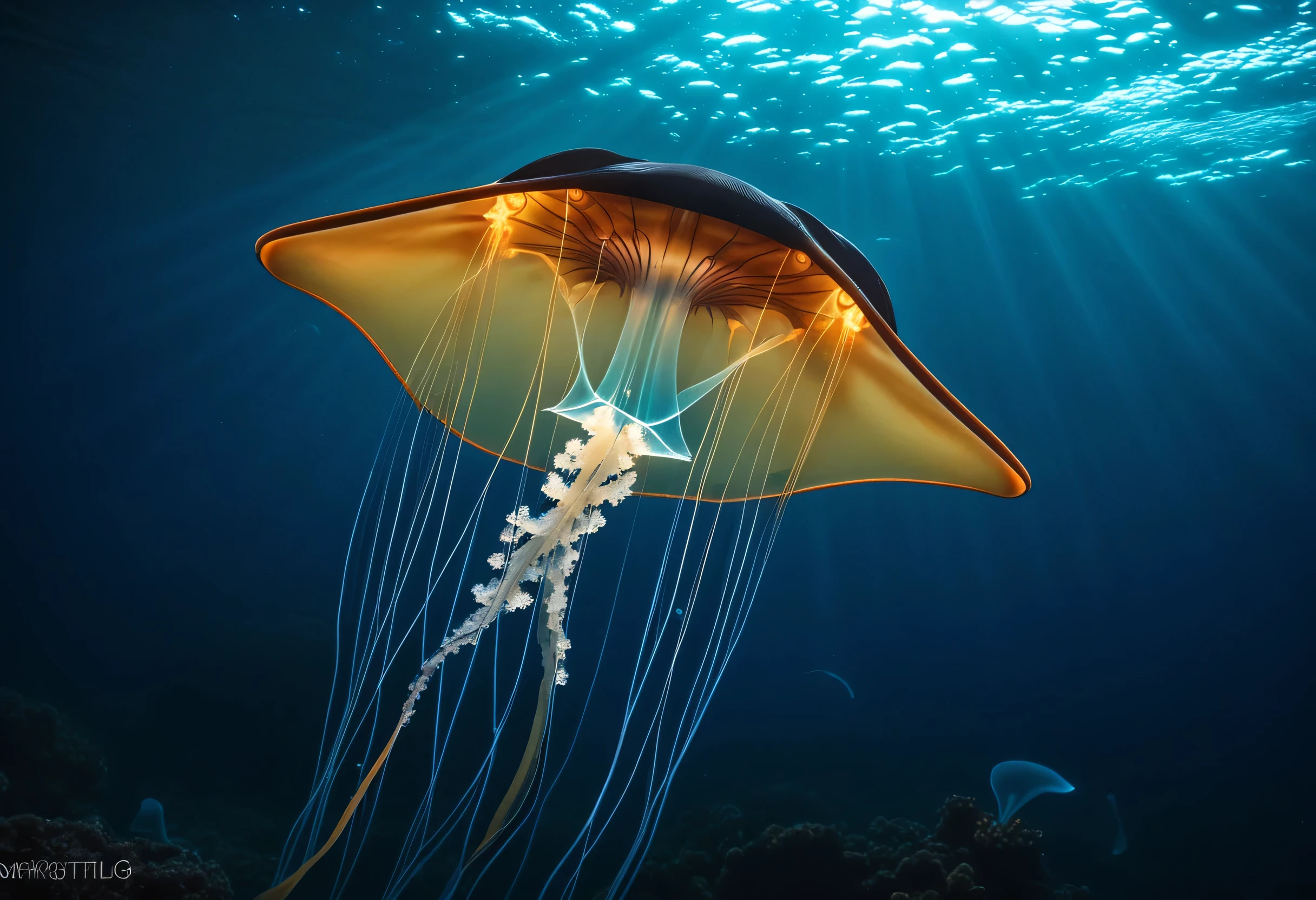 Photo of (a glowing bioluminescent jellyfish:0.5)
Photo of (a string ray:0.65), cinematic, movie still, dramatic lighting, keylighting