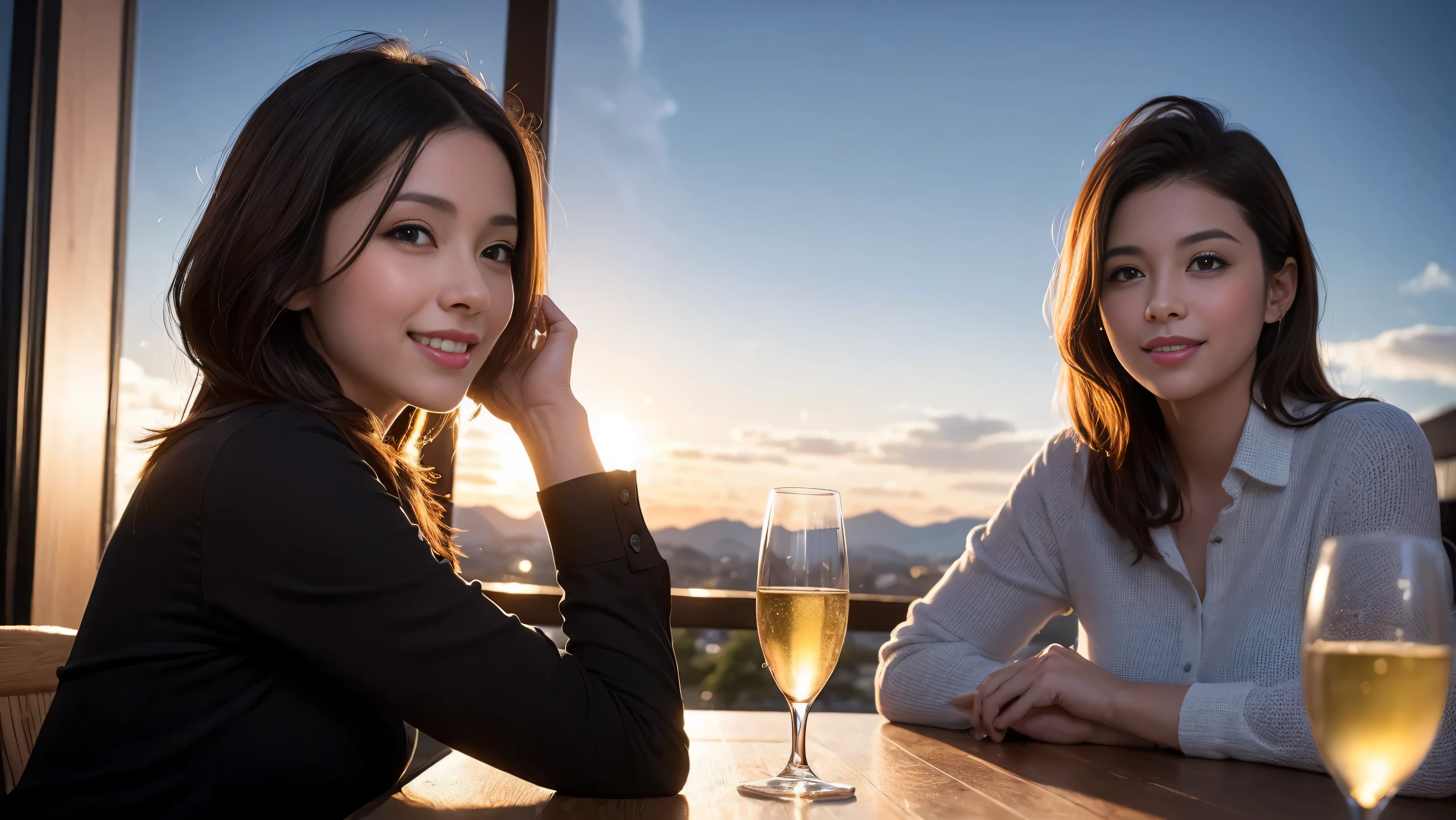 K, Hmm, highest quality, masterpiece: 1.2), (realistic, photorealistic: 1.37), Spectacular view of the sunset sky and clouds、Amazing mountain views、美しいsmile、3 slim beauties, (slim face),Happy、 the best smile、Fox face、Berry Short、(because I&#39;thin), (brown hair), (shortcut), long sleeve shirt、winter fashion、Colombian、Brazilian、Japanese、Dutch、German、Portuguese、Belgian、Italian、French,Champagne、sparkling wine、 (squirt), (slim body), (brown hair), (shortcut), neat beauty、cheeks turn a little red, (42 years old), 38 years old, alone, A beautiful and detailed night view spreads out outside the window....., restaurant, wine glass is sitting, At night, in a prominent place (from the Upper body) nova frog style, actress, model, Upper body, White wine, slim, wine glass, Very beautiful night view, wine glass Put in the Middle, Happy smile, (smile: 1.15), 