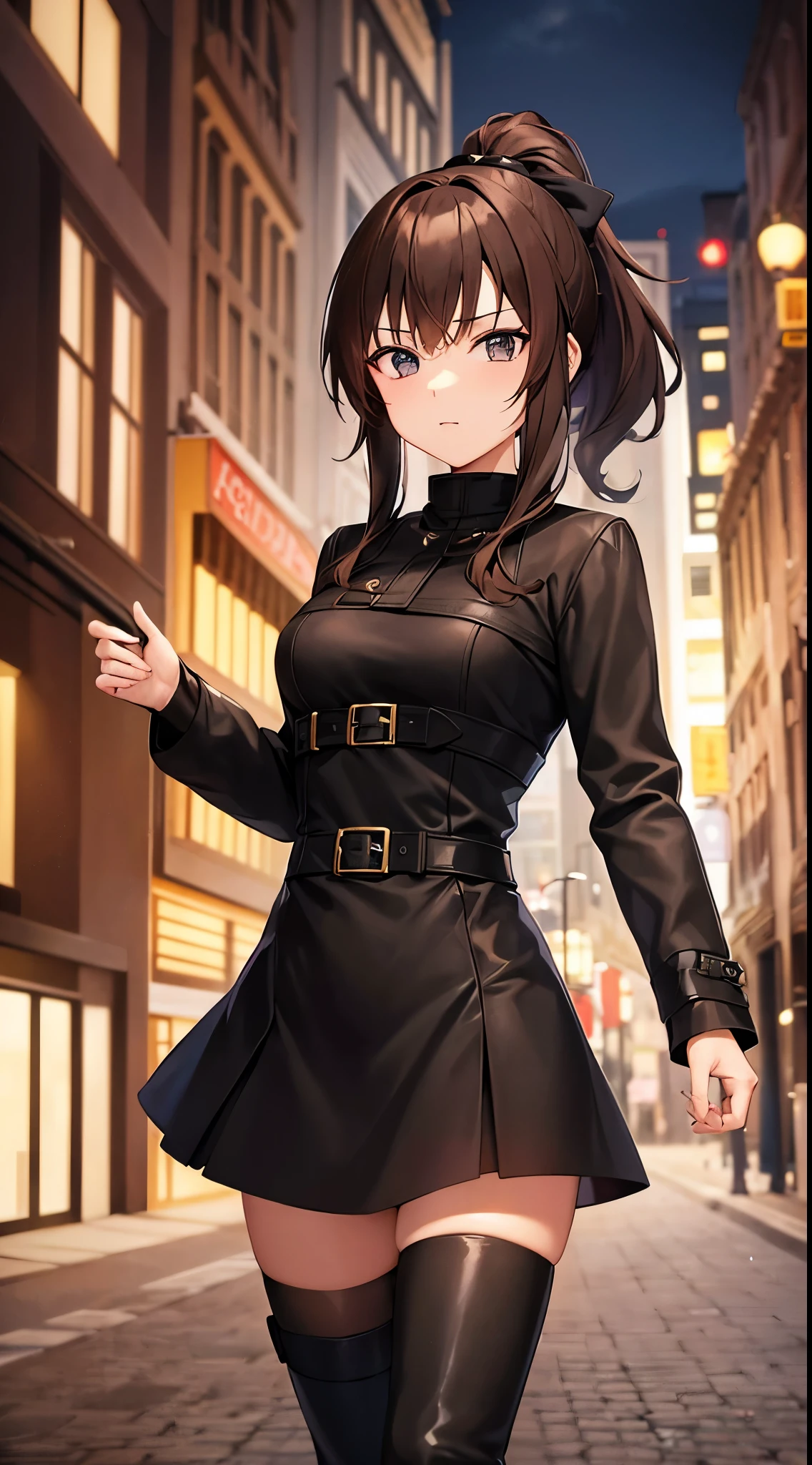 Anime woman with brown hair wearing black armor, a black coat, black skirt , ponytail, bow and high heel boots, assasin on a street at night