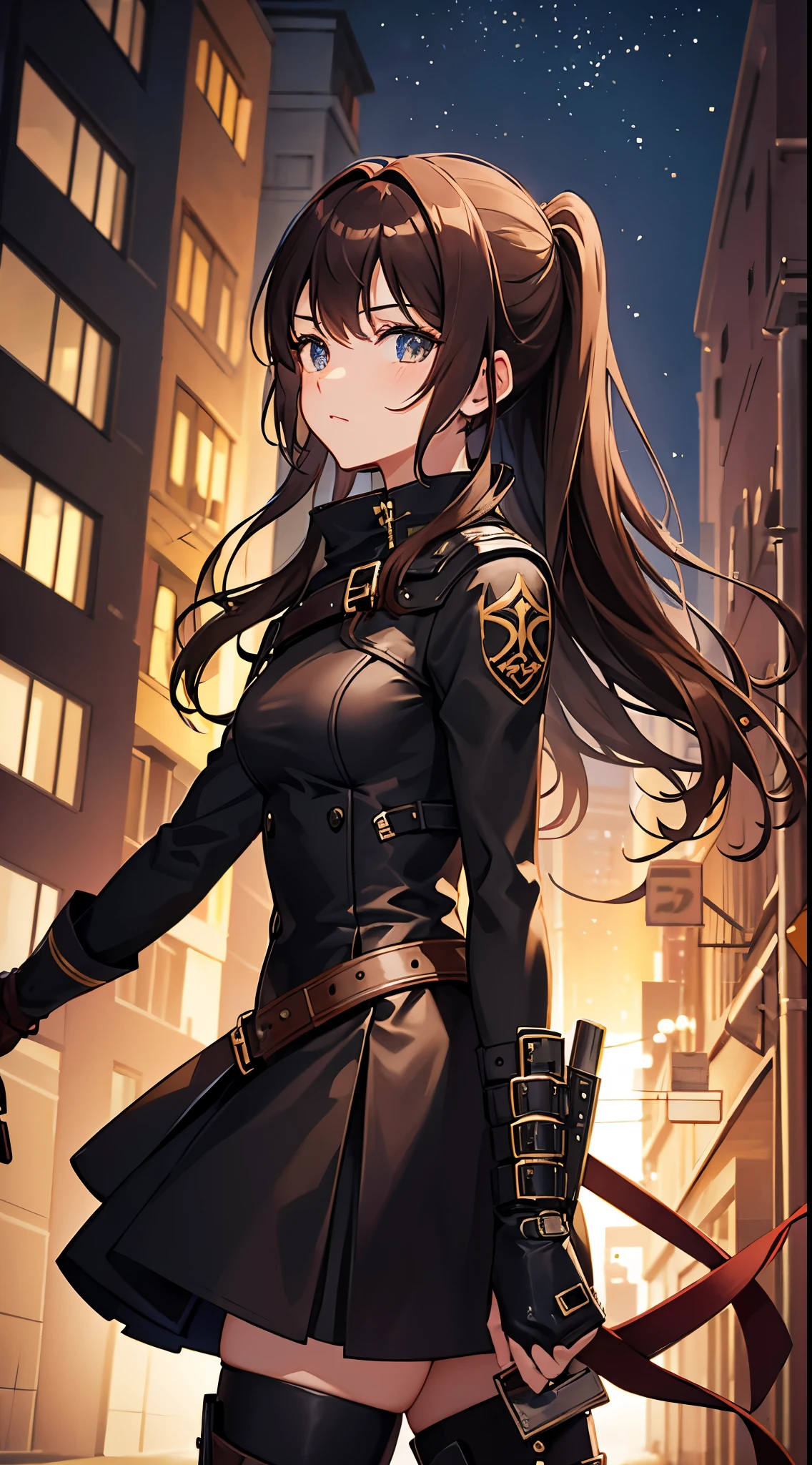 Anime woman with brown hair wearing black armor, a black coat, black skirt , ponytail, bow and high heel boots, assasin walking on street at night