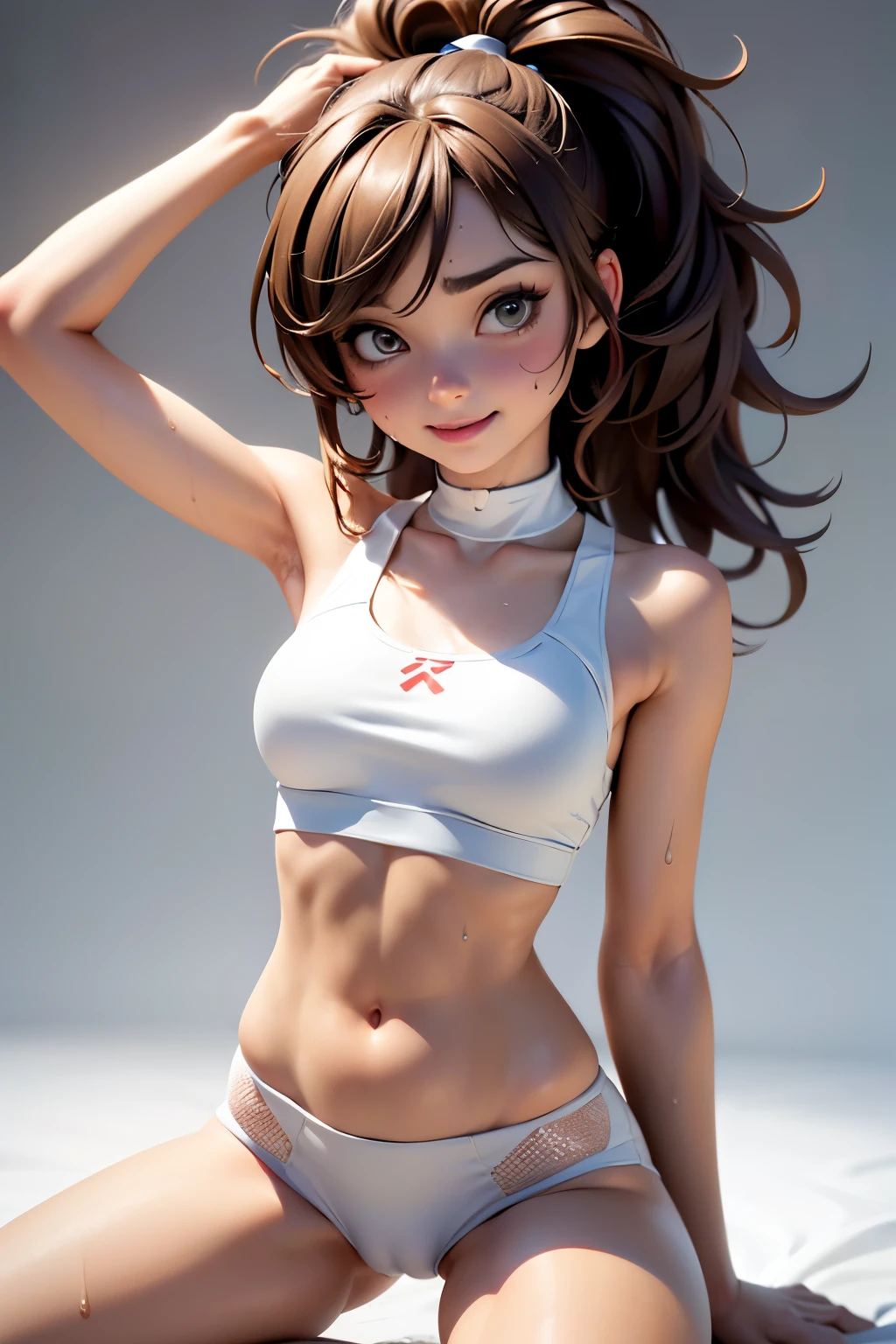 (solo), (a detailed full body RAW photo of a girl), (masterpiece:1.0), (best quality:1.4), (ultra highres:1.2), (photorealistic:1.4), 8k resolution, Canon EOS R5, 50mm, absurdres, ultra detailed, (18yo), sharp focus, cinematic lighting, detailed beautiful face, (makeup:1.2), (ulzzang-6500-v1.1), figure, detailed skin texture, pale skin, flat chest, (skinny and fit body:1.3), thigh gap, detailed brown hair, (very messy hair:1.5), (Avril Lavigne:0.7), smiling, (sports bra, no pants), realistic glistening skin, (bedroom:1), (cameltoe:1.3), (sweating:1.45), slim waist, seductive smile, solo, pussy creampie,