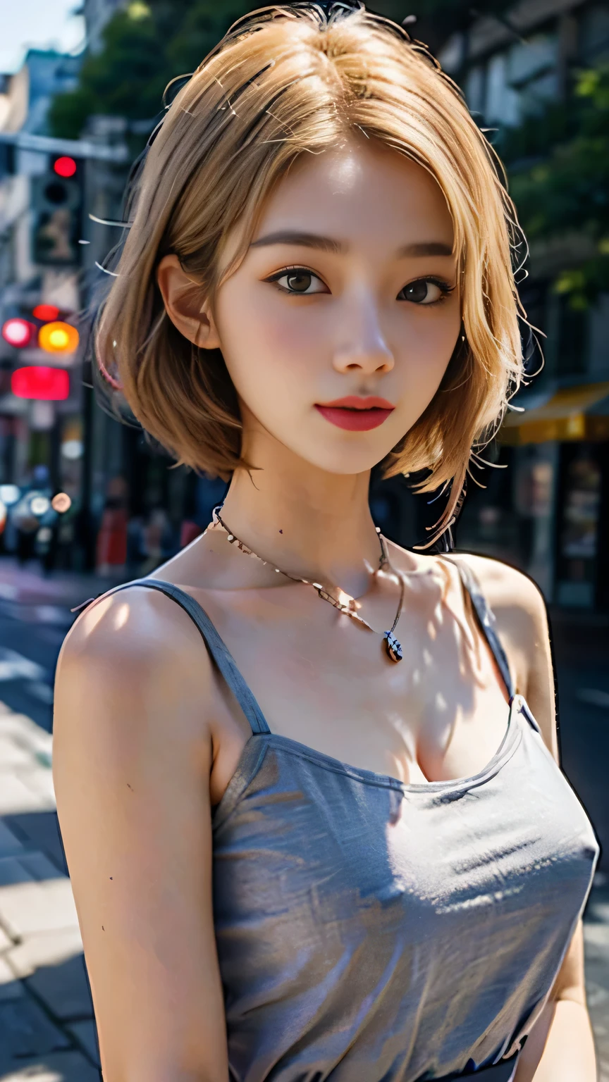 Curled bob cut, platinum hair woman in orange collared shirt posing to take photo in city, 8K artgerm Bokeh, well-proportioned body, beautiful korean woman, gorgeous necklace, beautiful young korean woman, soft portrait shot 8 K, korean girl, double and narrow eyes, beautiful gray eyes, Los Tran 8 K, Cute young woman, Korean woman, beautiful blonde girl, upper body, big breasts