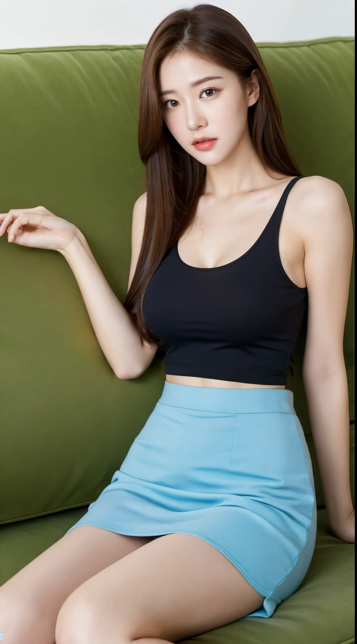 (Lifelike, A high resolution:1.3), 1 girl with a perfect body, Super fine face and eyes,long whitr hair, Tank top of random colors:1.2, JK skirt, black reotard,Bigboobs,Show originals,kneeling on the sofa