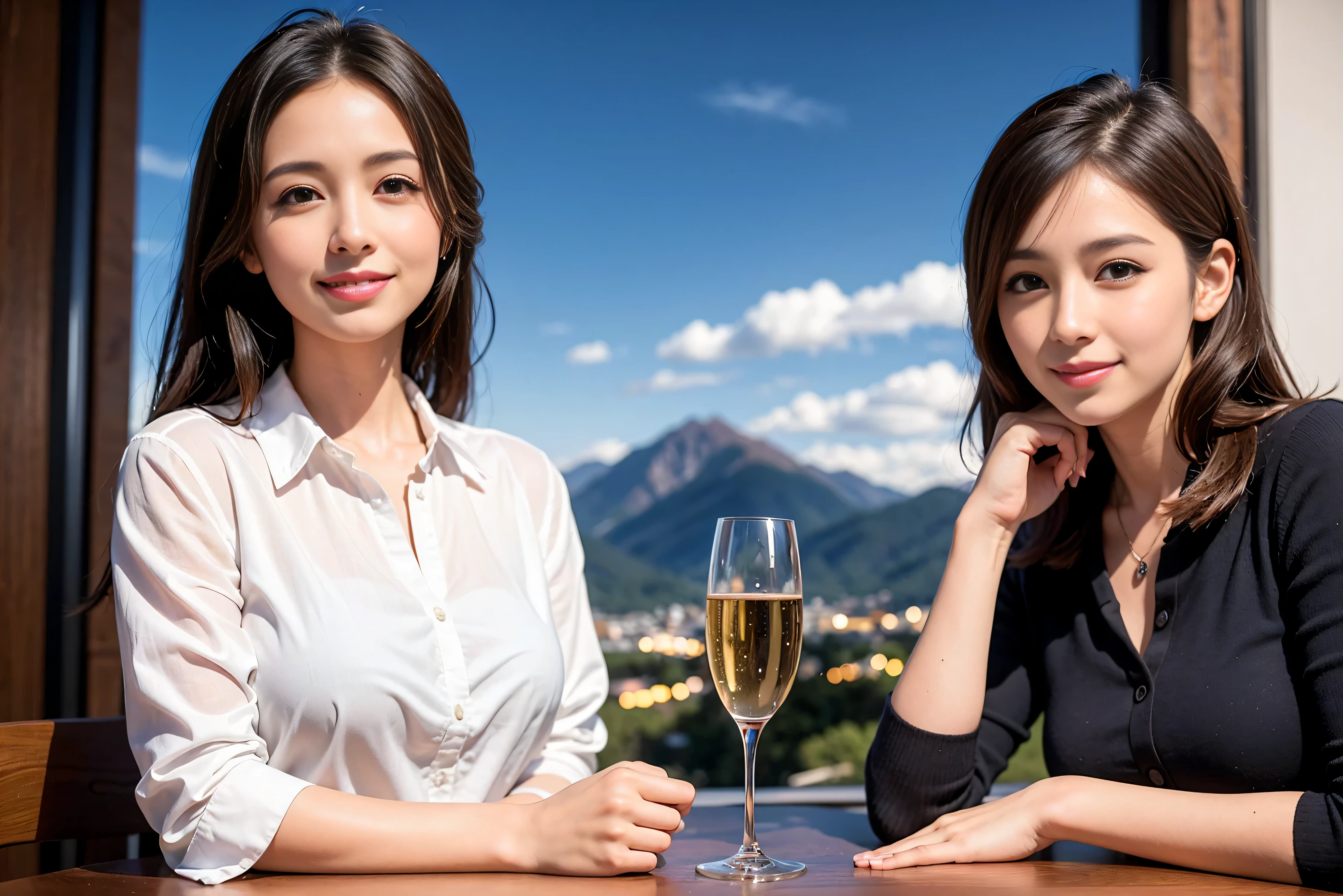 K, Hmm, highest quality, masterpiece: 1.2), (realistic, photorealistic: 1.37), Spectacular view of the sunset sky and clouds、Amazing mountain views、美しいsmile、3 slim beauties, (slim face),Happy、 the best smile、Fox face、Berry Short、(because I'thin), (brown hair), (shortcut), long sleeve shirt、winter fashion、Colombian、Brazilian、Japanese、Dutch、German、Portuguese、Belgian、Italian、French,Champagne、sparkling wine、 (squirt), (slim body), (brown hair), (shortcut), neat beauty、cheeks turn a little red, (40 years old), 38 years old, alone, A beautiful and detailed night view spreads out outside the window....., restaurant, wine glass is sitting, At night, in a prominent place (from the Upper body) nova frog style, actress, model, Upper body, White wine, slim, wine glass, Very beautiful night view, wine glass Put in the Middle, Happy smile, (smile: 1.15),