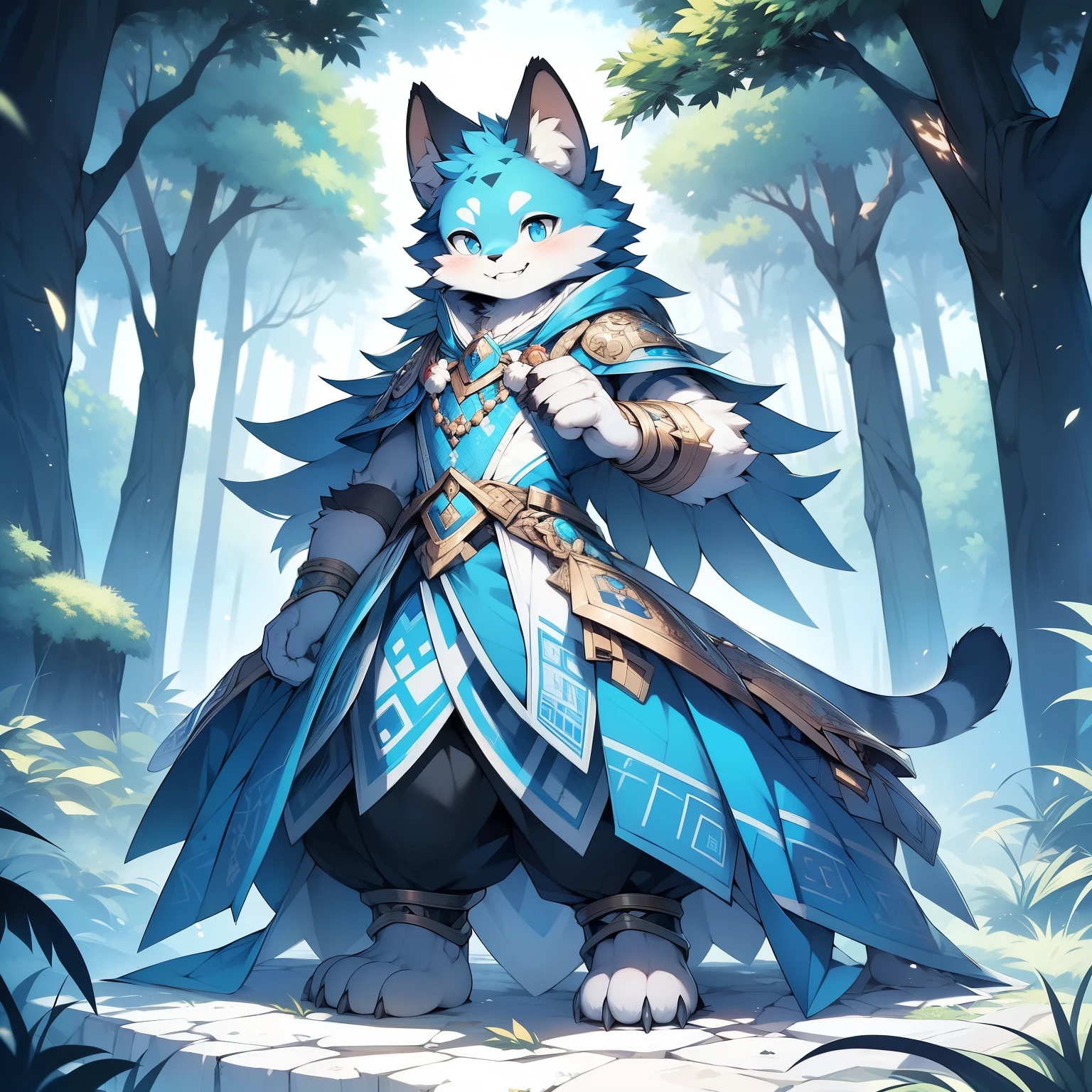 anthropomorphic cat,fluffy fur,Yellow and white patterned fur embellished with blue patterned fur,Handsome,Males,Alone,masterpiece,super high quality,in the forest,Smiling with bared teeth,Energetic,rich in detail,standing,perfect,Not hanging on at all