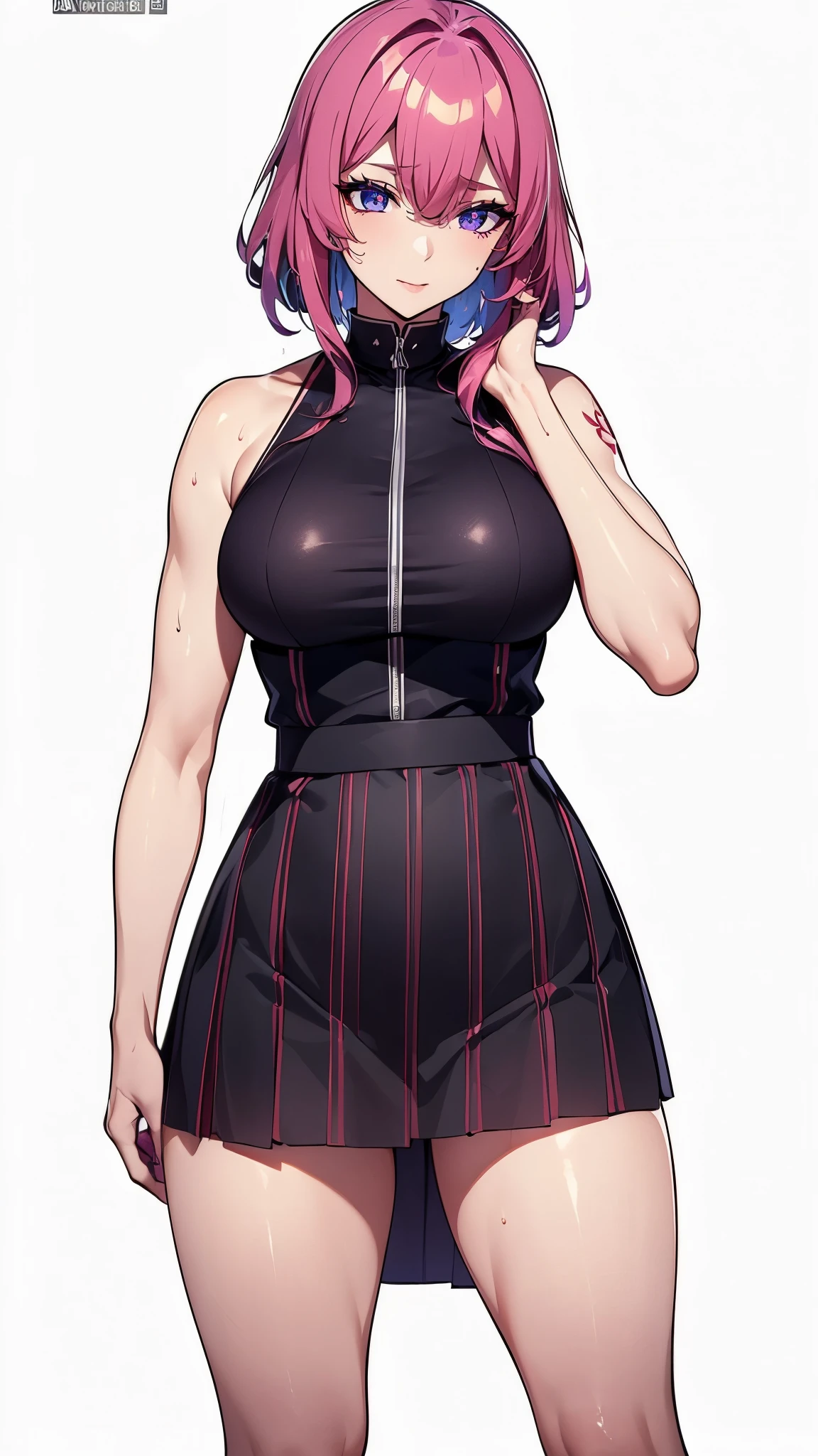 ((8K resolution))、((highest quality))、((masterpiece))、((Super detailed))((((dramatic))), (anatomically correct)、Depth of object being written、look at the camera、one person、one personの女性、shaved hair、front、Excited,expensive、toned arms, long and thin legs, Athletic Presence,Wet、(gradient hair)、tattoo、uniform、skirt lift、upskirt、(theme、w穴 body:1.1),Image of God、white background