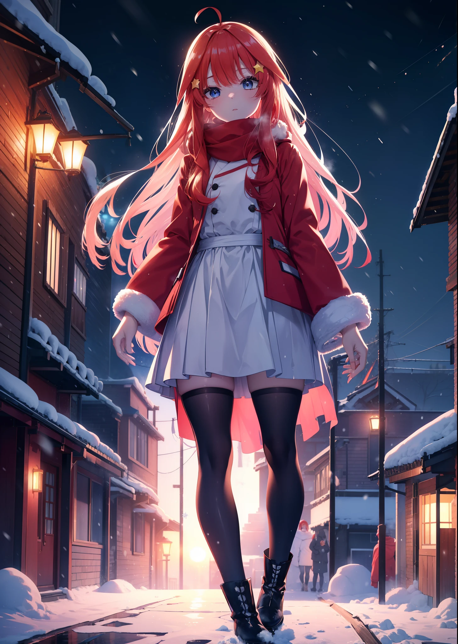 itsukinakano, itsuki nakano, bangs, blue eyes, hair between eyes, Ahoge, redhead, star \(symbol\), hair ornaments, star hair ornaments,red coat,white scarf,white sweater,He wears fluffy gloves on both hands..,long skirt,black tights,short boots,It&#39;s snowing,It&#39;s snowing,winter,cold sky,moonlight,full moon,よる
break outdoors, In town,building street,
break (masterpiece:1.2), highest quality, High resolution, unity 8k wallpaper, (figure:0.8), (detailed and beautiful eyes:1.6), highly detailed face, perfect lighting, Very detailed CG, (perfect hands, perfect anatomy),