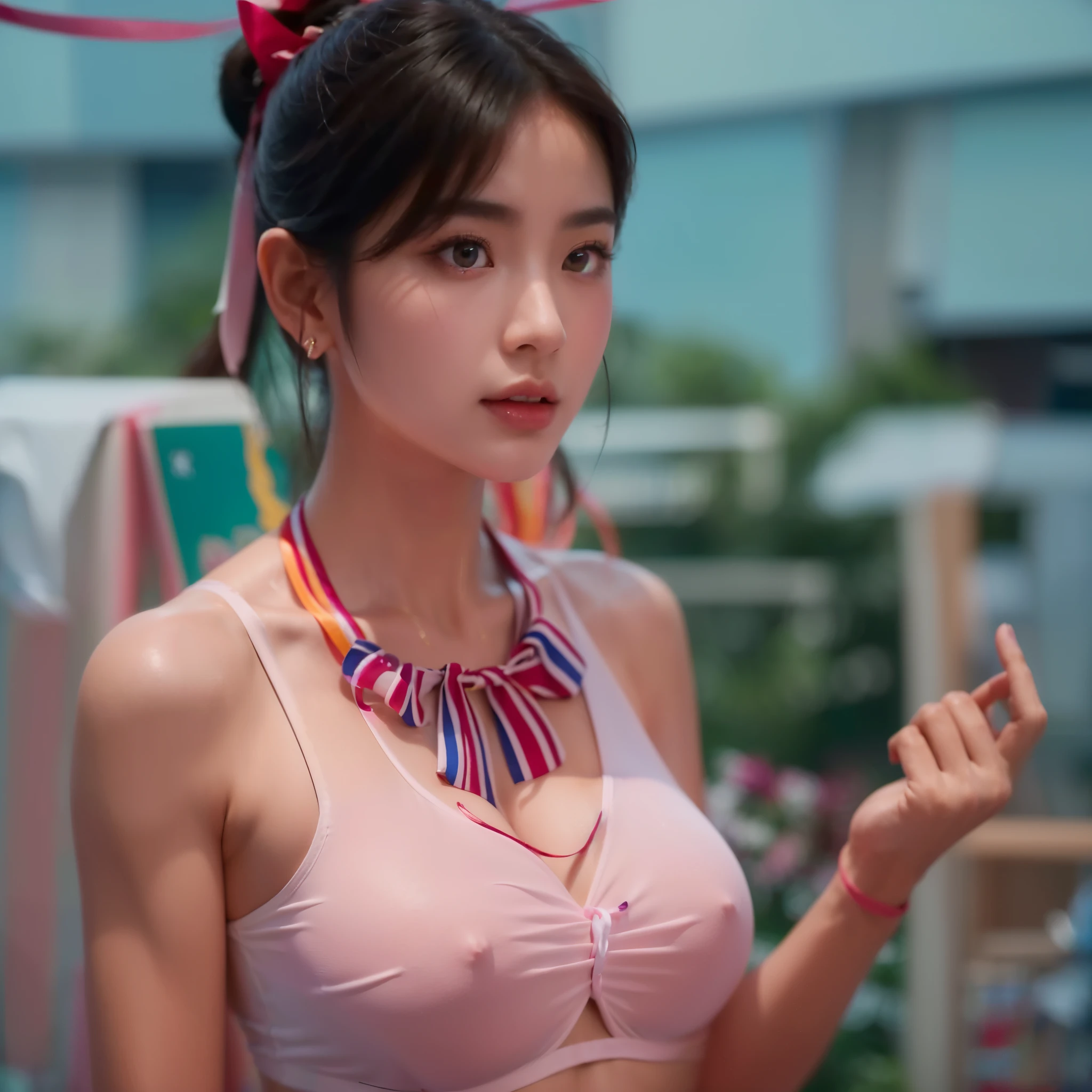 Replace the people in the picture，One wears a white bra、wearing a necklace、Girl with colorful ribbons on her head, ((8k+ultra high resolution+ultra high definition+masterpiece+detailed)),(perfect face+supermodel+Delicate skin+huge breasts),[[[muscle]]],(((Anatomically correct))) ,