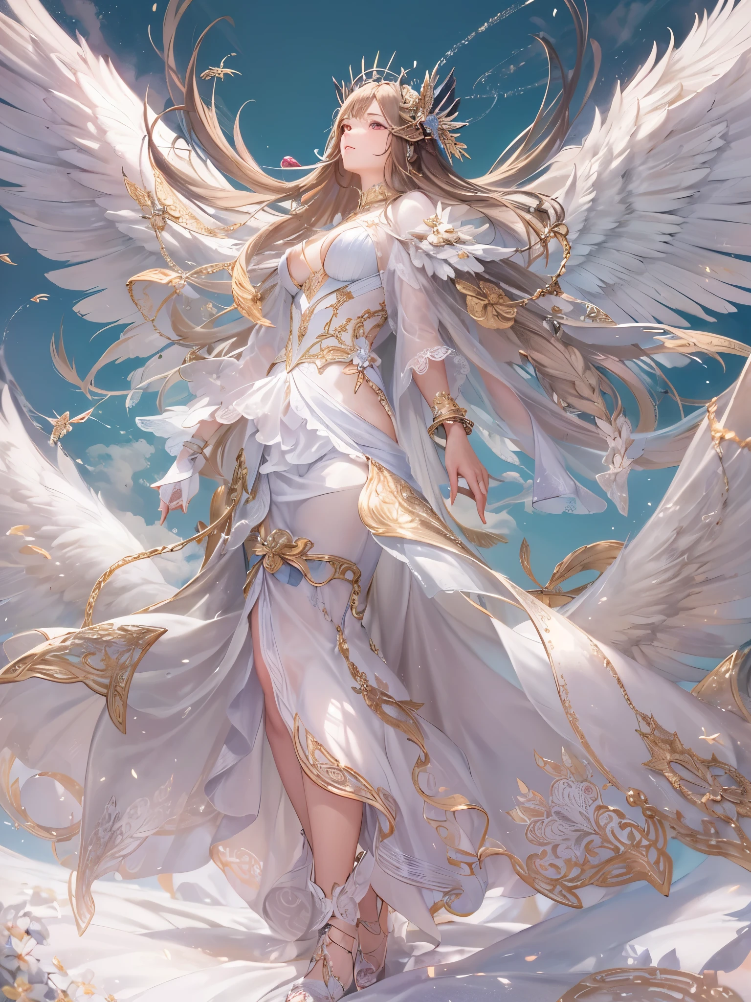 ((highest quality)),(ultra high resolution),(Super detailed),(detailed description),((best CG)),(best work of art),super precision art,amazing drawing art,(Art with precise details:1.5), big wings that wrap her around,powerful flapping of wings,Dancing, shining feathers, peace,shining sun,bless