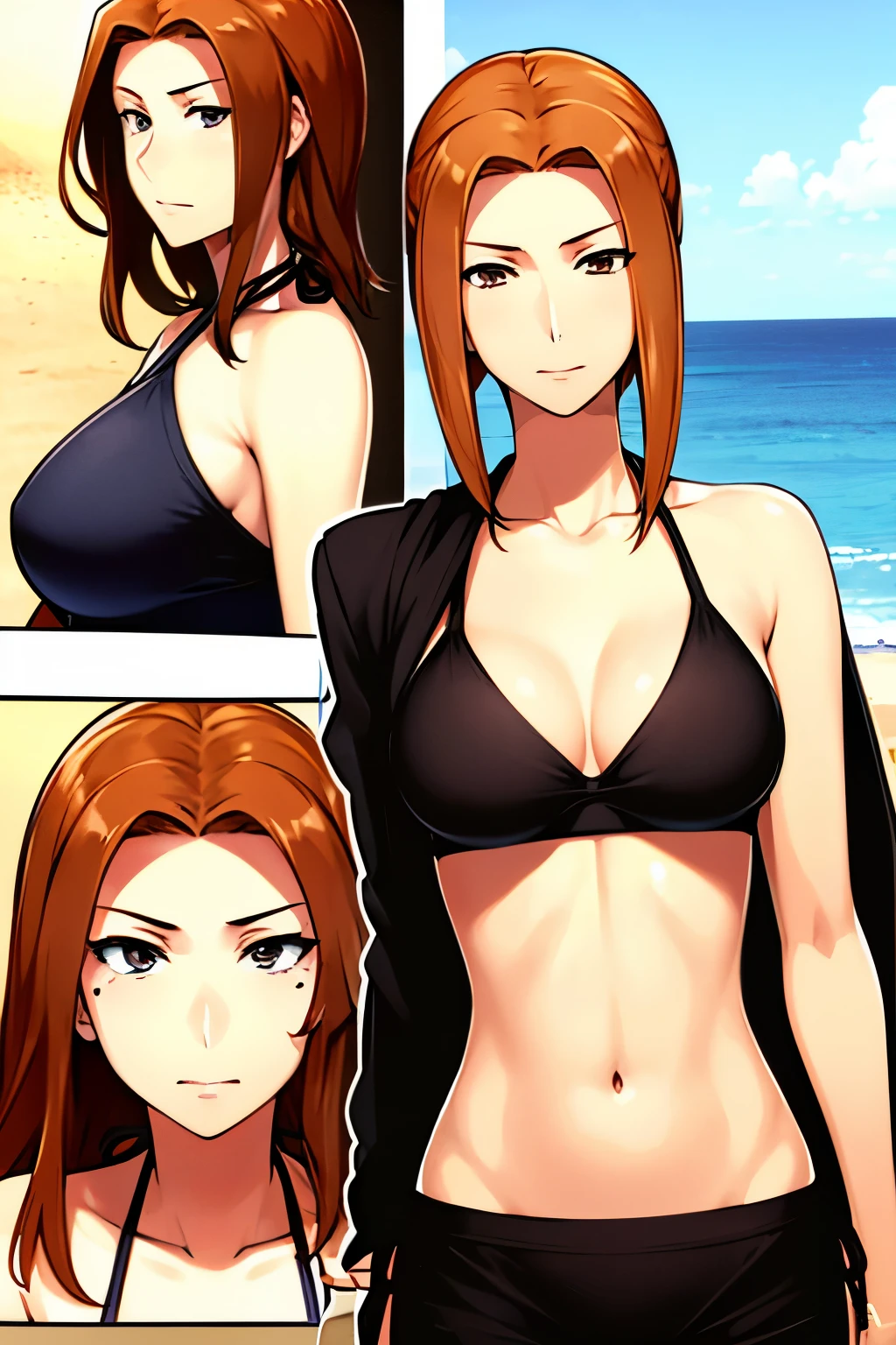 (masterpiece:1.1)、(top-quality:1.1)、shorth hair、Good anatomy、(1girl in:1.2)、(detailed faces and eyes:1.25)、orange color hair、brown haired、Brown-eyed、looking at the viewers、a matural female、side locks、Kyoka Tachibana、(Black Bikini:1.3), (the beach:1.3)、A smile、cowboy shot、Bare neck、Bare arms、bare elbows、bare shoulders、is standing, (side-tie bikini bottom:1.3),