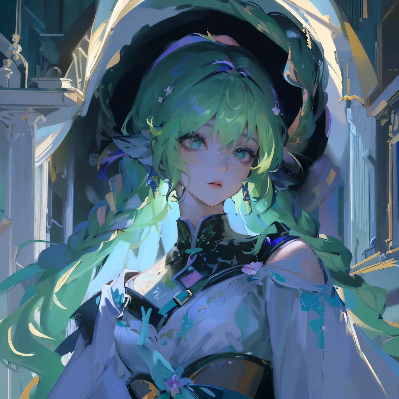 (masterpiece, top quality, best quality, official art, beautiful and aesthetic:1.2), (1girl:1.3), (fractal art:1.3), card, tarot, green hair, twin braids, hair flower, (good lighting:1.1), ((highres)), Tarot card style