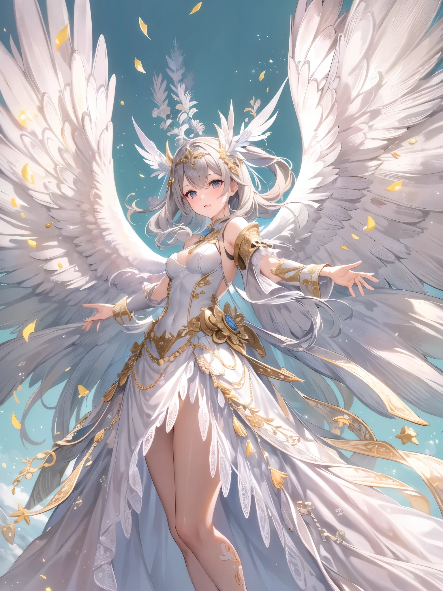 ((highest quality)),(ultra high resolution),(Super detailed),(detailed description),((best CG)),(best work of art),super precision art,amazing drawing art,(Art with precise details:1.5), big wings that wrap her around,powerful flapping of wings,Dancing, shining feathers, peace,shining sun,bless