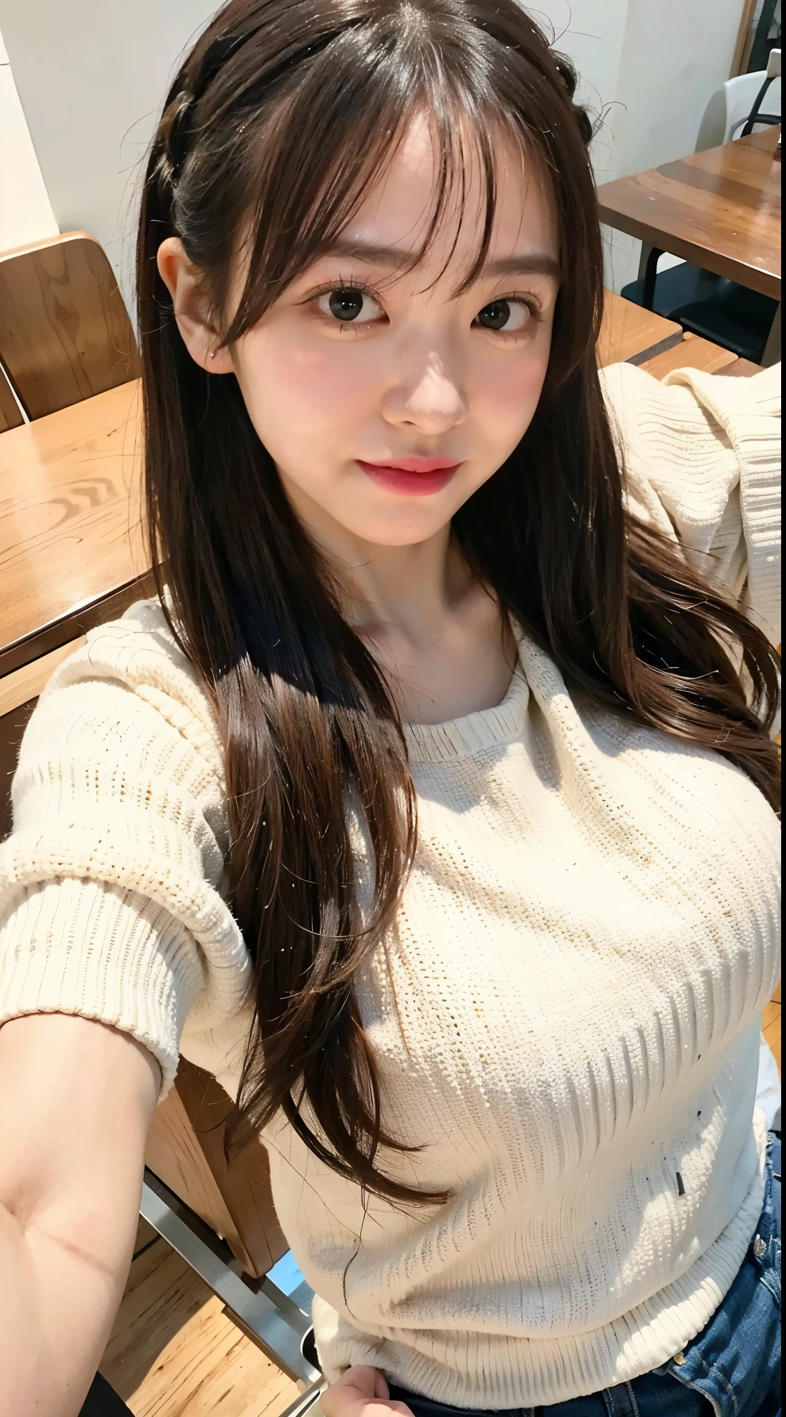 (8K、Raw photo、highest quality、masterpiece:1.2)、(realistic、Photoreal)、Korean beauty、big breasts、white knit、put your chest on the table、Below the chest is covered by the table、Shooting through the table、sit in a chair、library、perfect limbs、natural smile、detailed facial expressions