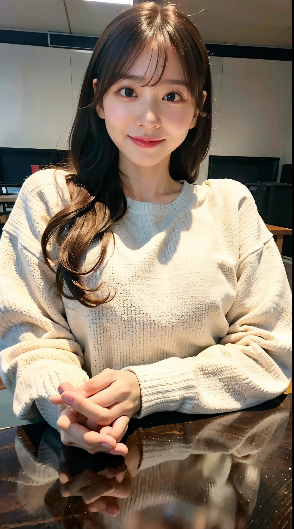 (8K、Raw photo、highest quality、masterpiece:1.2)、(realistic、Photoreal)、Korean beauty、big breasts、white knit、put your chest on the table、Below the chest is covered by the table、Shooting through the table、sit in a chair、library、perfect limbs、natural smile、detailed facial expressions
